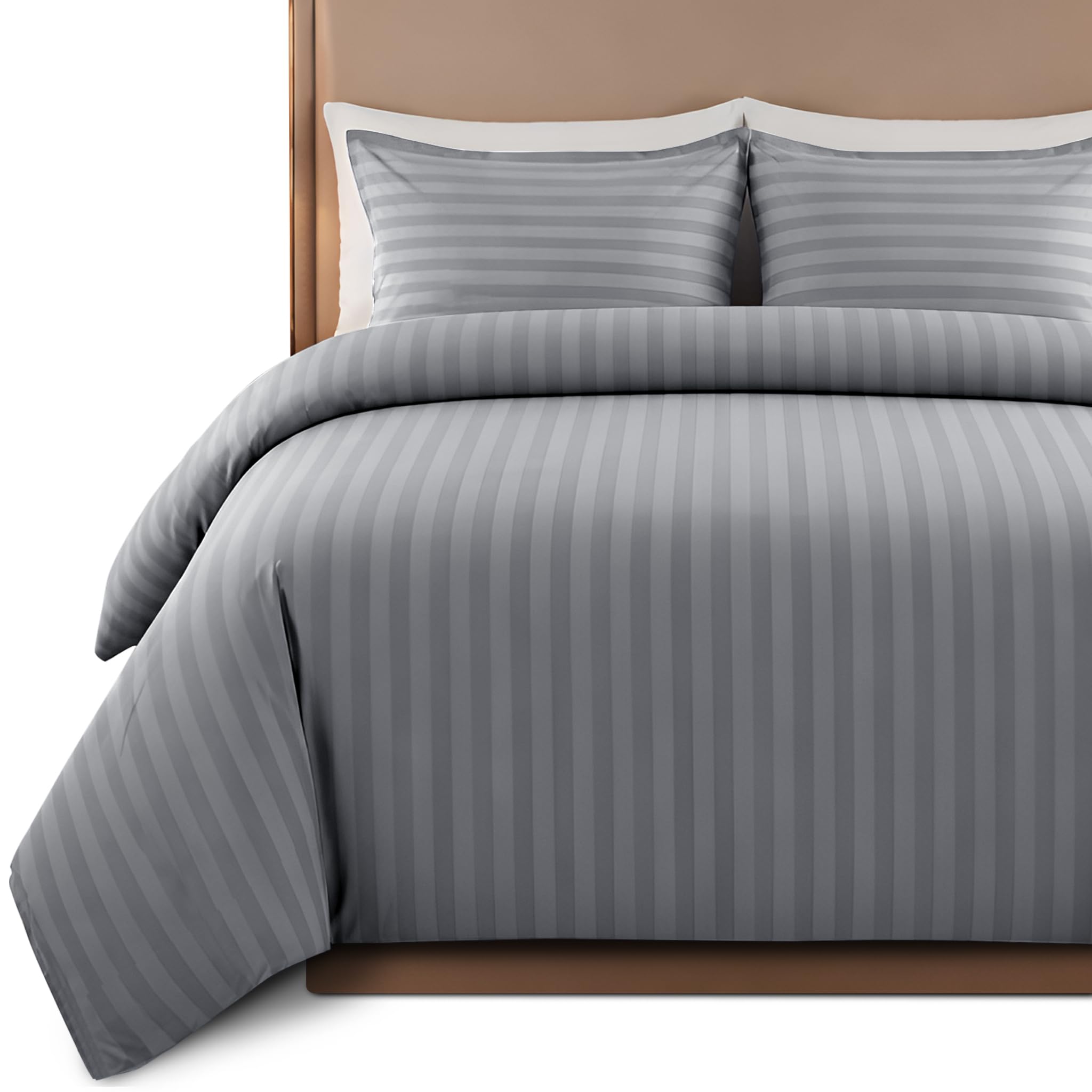 Hafaa Satin Stripe Double Duvet Set Grey - Premium Hotel Quality Quilt Cover Bedding Sets - Hypoallergenic Ultra Soft Brushed Microfiber Bed Linen โ image 1