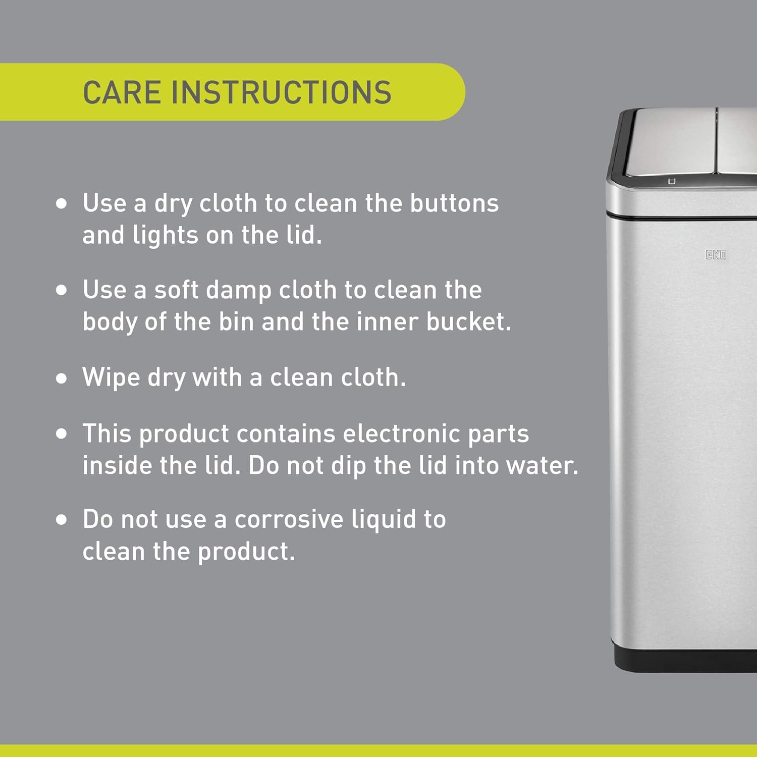 Care instructions for the EKO Deluxe Phantom Motion Sensor Trash Can.