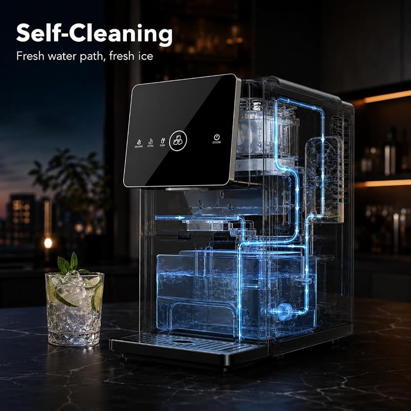 Kismile Nugget Ice Maker Countertop, 33LBS/24H Ice Machine with Soft Chewable Ice, One-Click, Self-Cleaning Function, Stainless Steel Ice Maker with Indicator Lights for Home/Kitchen(Black) image 4