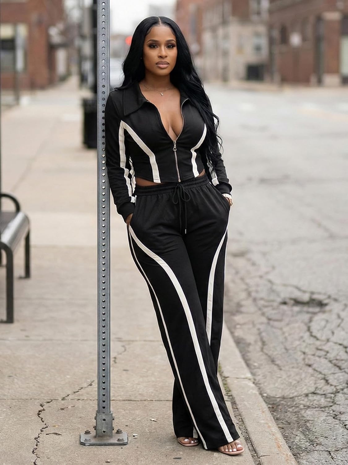 Angsuttc Track Suits for Women Set Striped 2 Piece Outfits Long Sleeve Zip Up Jacket Wide Leg Pant Sets Streetwear - Image 2