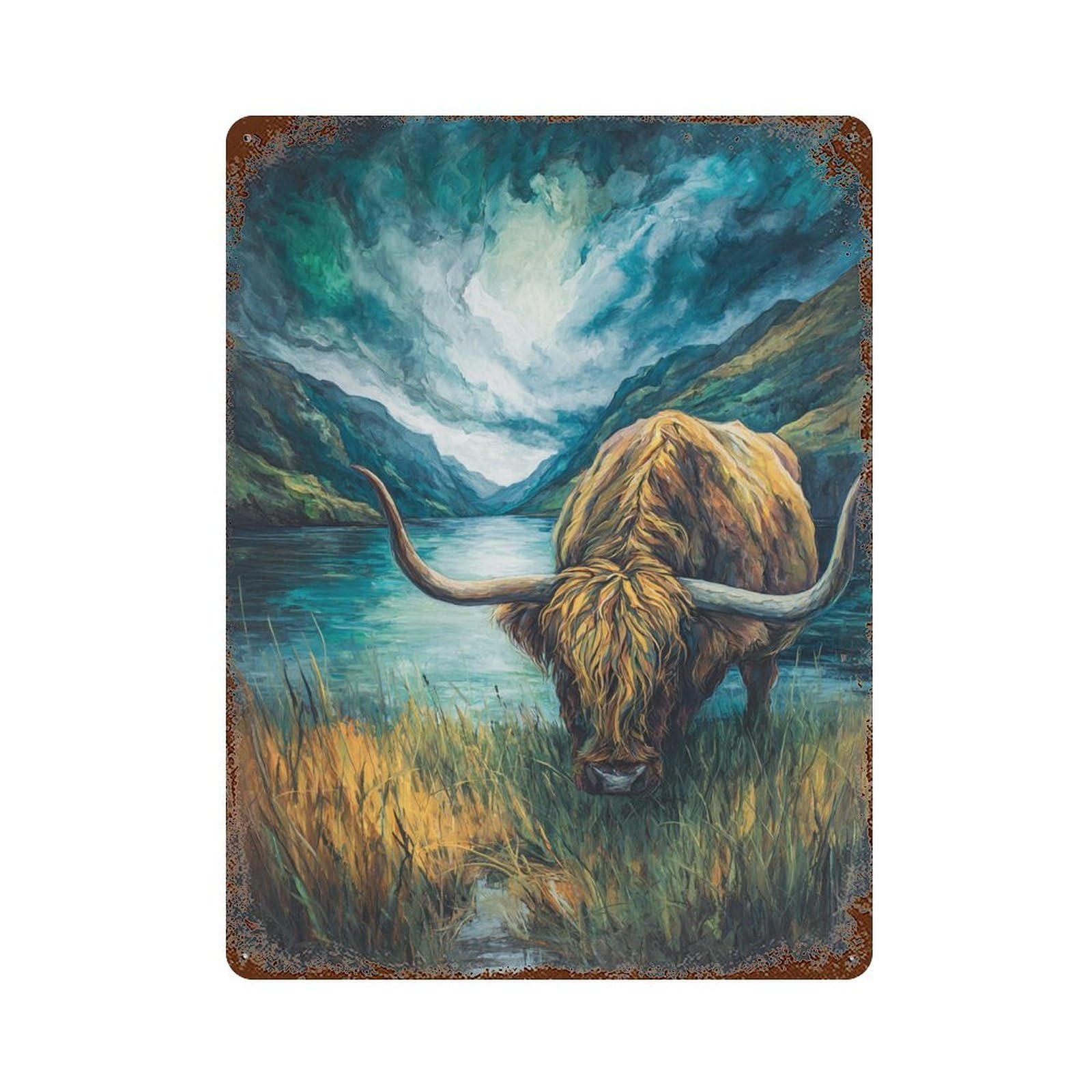 Scottish Highland Cow Painting-2 15.7"x11.8" Vintage Rust Metal Sign, Decorative Metal Wall Art for Bistro, Counter And Cafe Decor