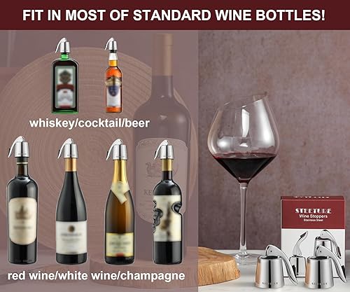 Miniatura 7 de Tapones de vino para botellas de vino, paquete de 2, corchos de vino de acero inoxidable con tapón de silicona, a prueba de fugas, reutilizable para