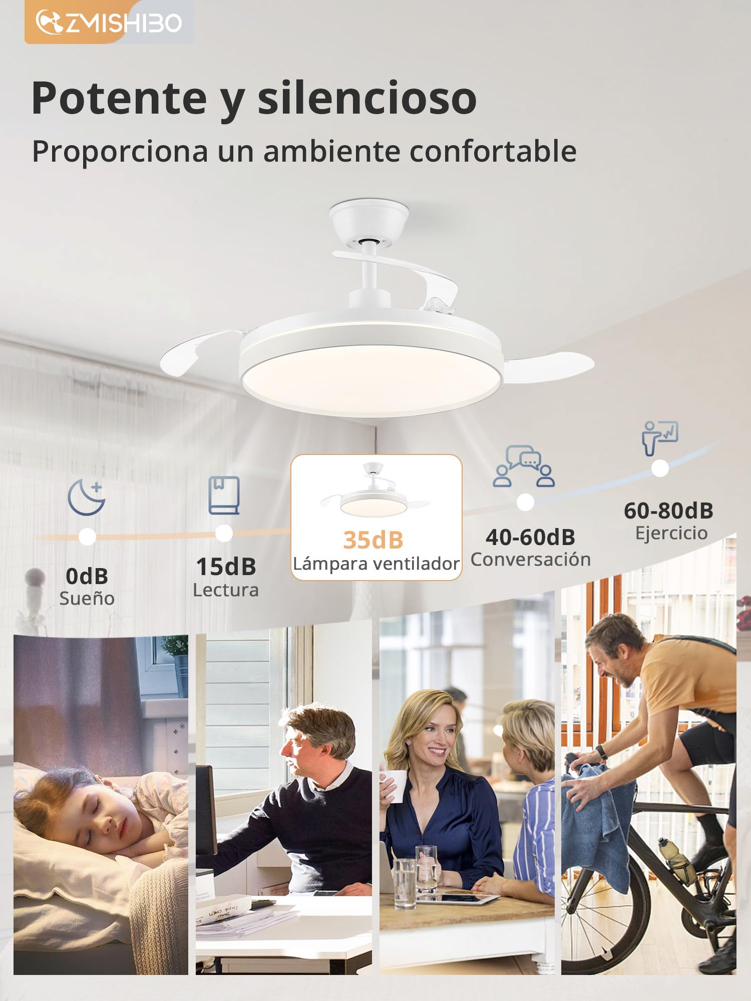 ZMISHIBO-Ventilador de Techo con Luz 106cm Ventilador sin Aspas CCT 3000K-65000K Función Verano-Invierno,Motor DC 30W+Luz LED 38W,6 Velocidades,Silencioso,Temporizador 2H/4H (Blanco)