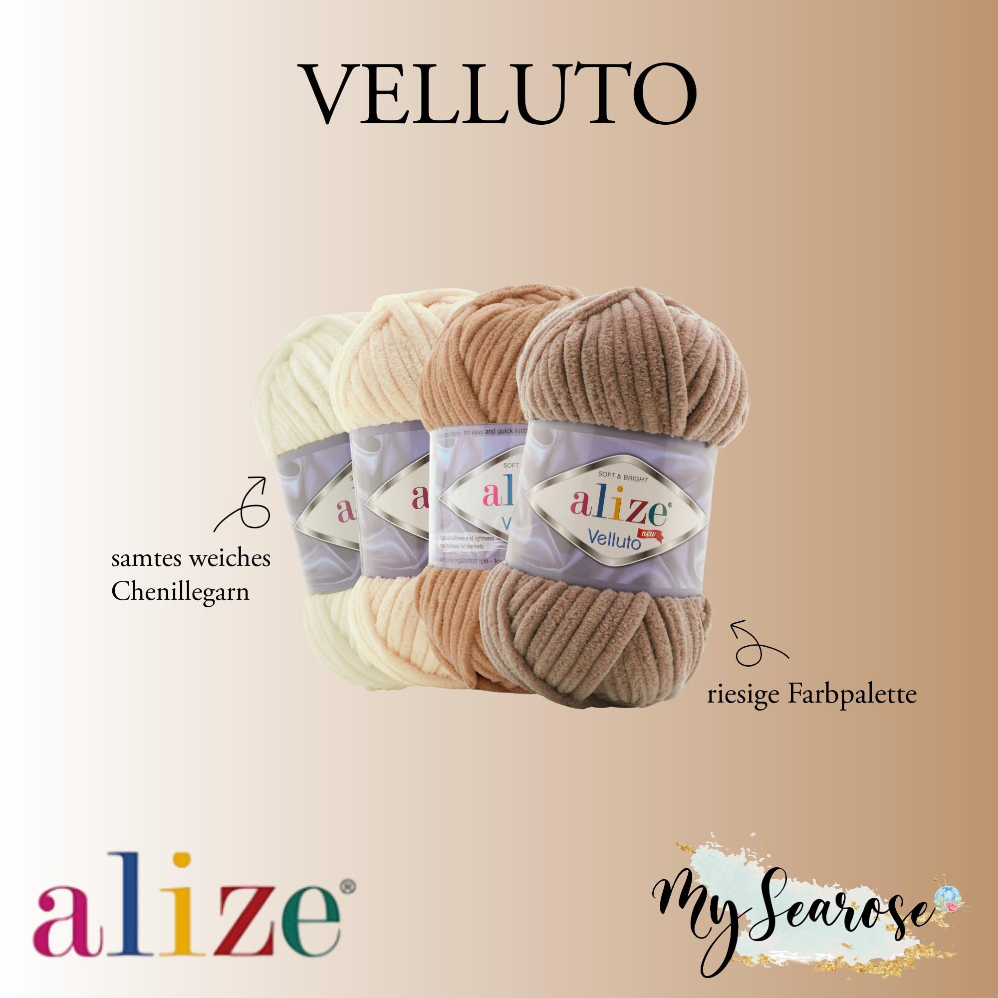 ALIZE Velluto 216 yellow Premium Wolle 3 x 100g Chenillegarn kuschelweich Amigurumi Plüschtiere Bulky Babywolle Filzwolle Babywolle mit mySearose Label