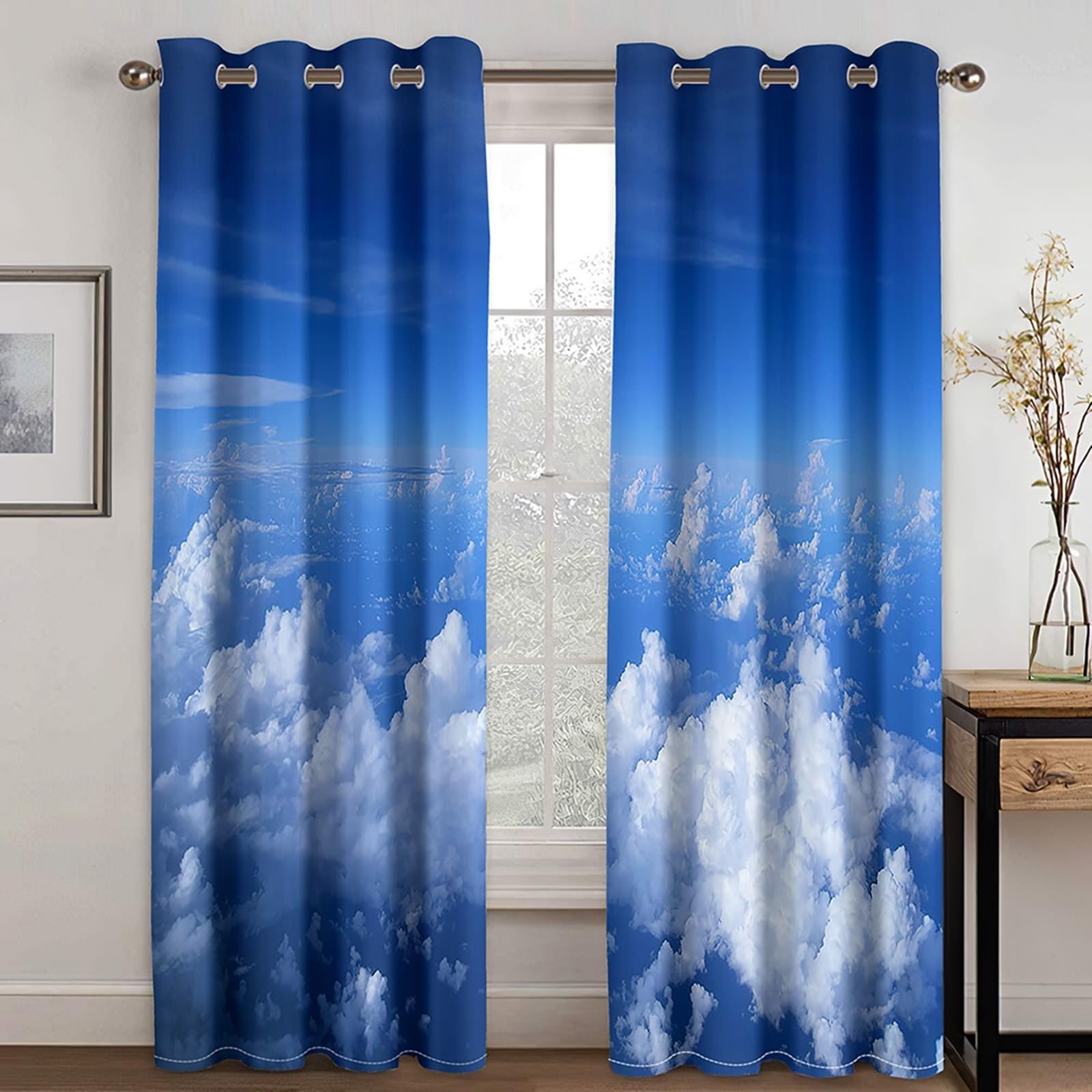 Rideau Occultant Thermiques, Ciel Bleu et Nuages Blancs Rideaux Salon Moderne Occultant Rideau Chambre, Bleu Blanc, 214x183cm