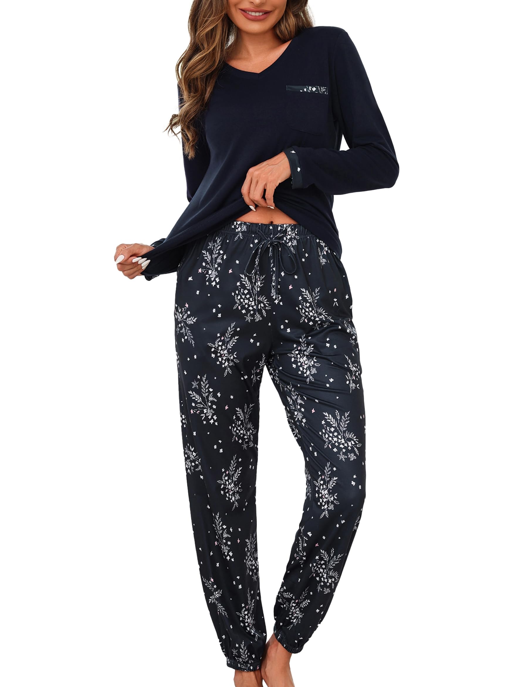 Jahetuul Schlafanzug Damen Langarm Pyjama Baumwolle lang Nachtwäsche Pyjamas Set Baumwolle Lounge Set Schlafanzüge für Damen Pyjamahose mit Bündchen