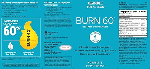 Miniatura 2 de GNC Total Lean Burn 60 - Sabor a Canela, 60 tabletas por botella, termogénico para aumentar la energía y el metabolismo