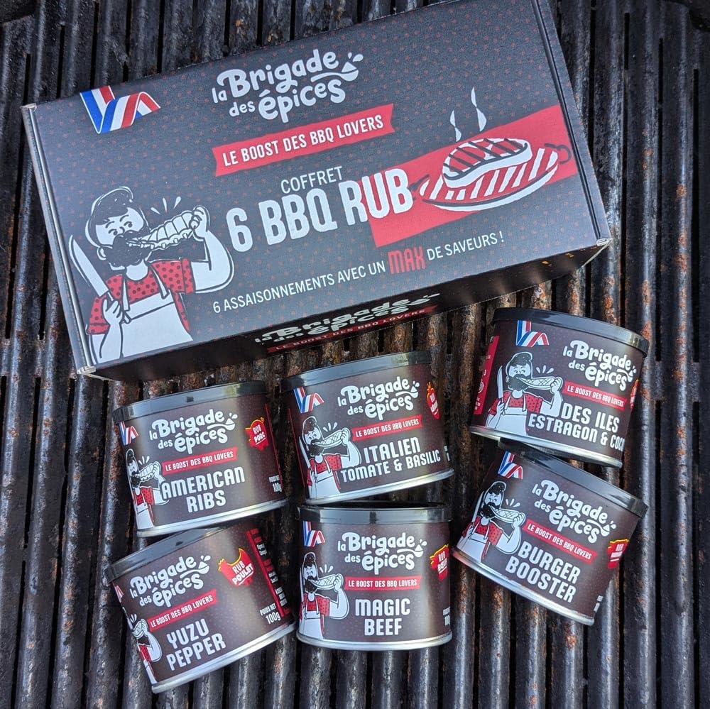 La Brigade des Épices - Coffret BBQ LOVER - Cadeau pour Hommes - 6 Marinades sèches et rubs pour Barbecue - Fabriquées en France & 100% Naturels