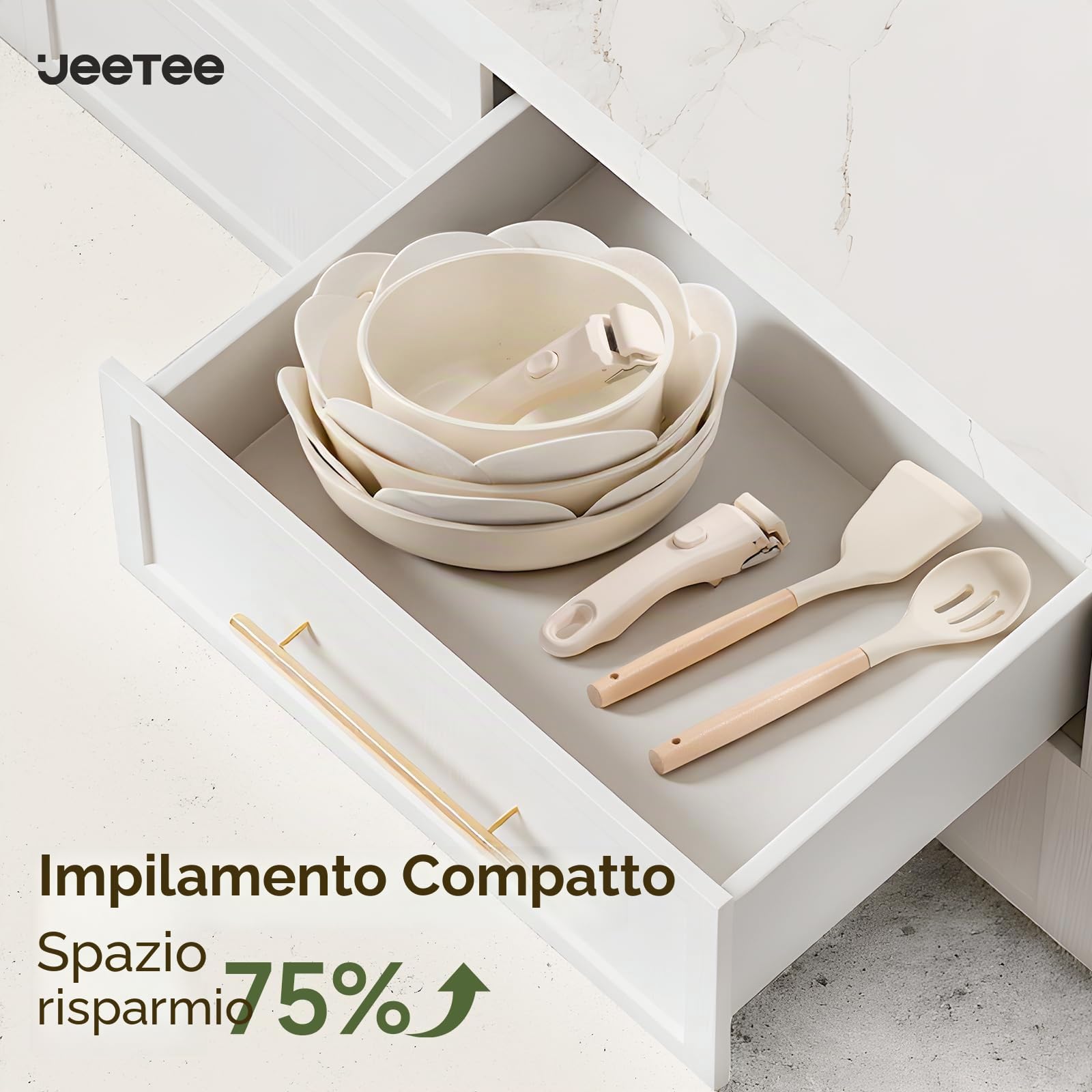 JEETEE Set di pentole e padelle antiaderenti, 19 pezzi, set di pentole da cucina con manico staccabile, set di pentole antiaderenti a induzione con manico rimovibile, pentole impilabili per camper