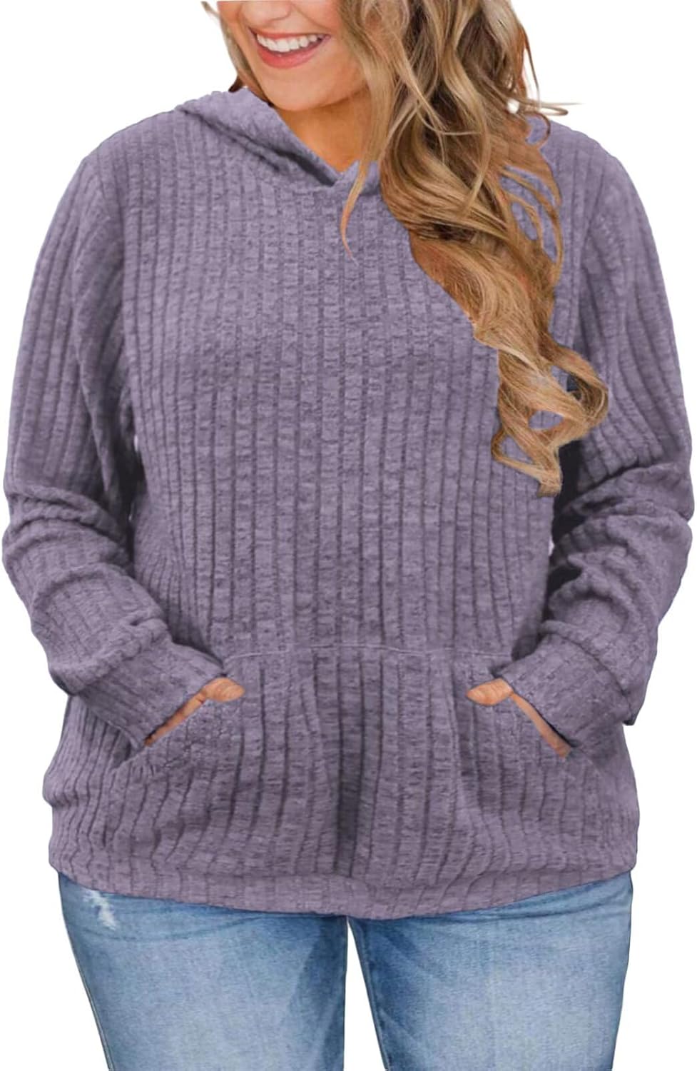 VISLILY Plus-Size-Hoodies for Women Casual Kangaroo Pocket Sweaters Trendy Long Sleeve Pullover Sweatshirts Cute Loose Tops