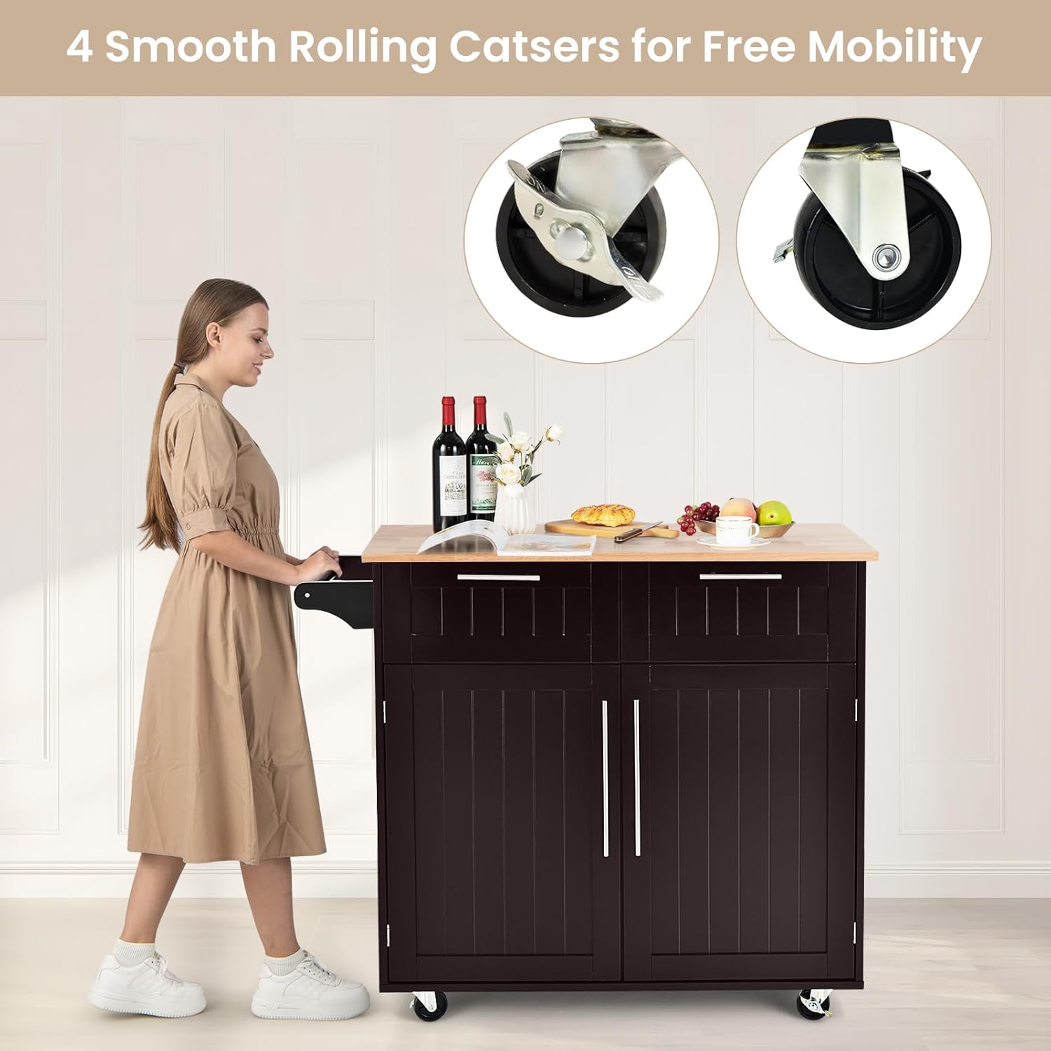 Kitchen Island with Storage, Mobile Kitchen Trolley Cart with Wheels, Rubber Wood Top, Adjustable Shelves, Towel Rack & Drawers, Rolling Kitchen Island Cart, 37" L x 18" W x 37" H (Brown)