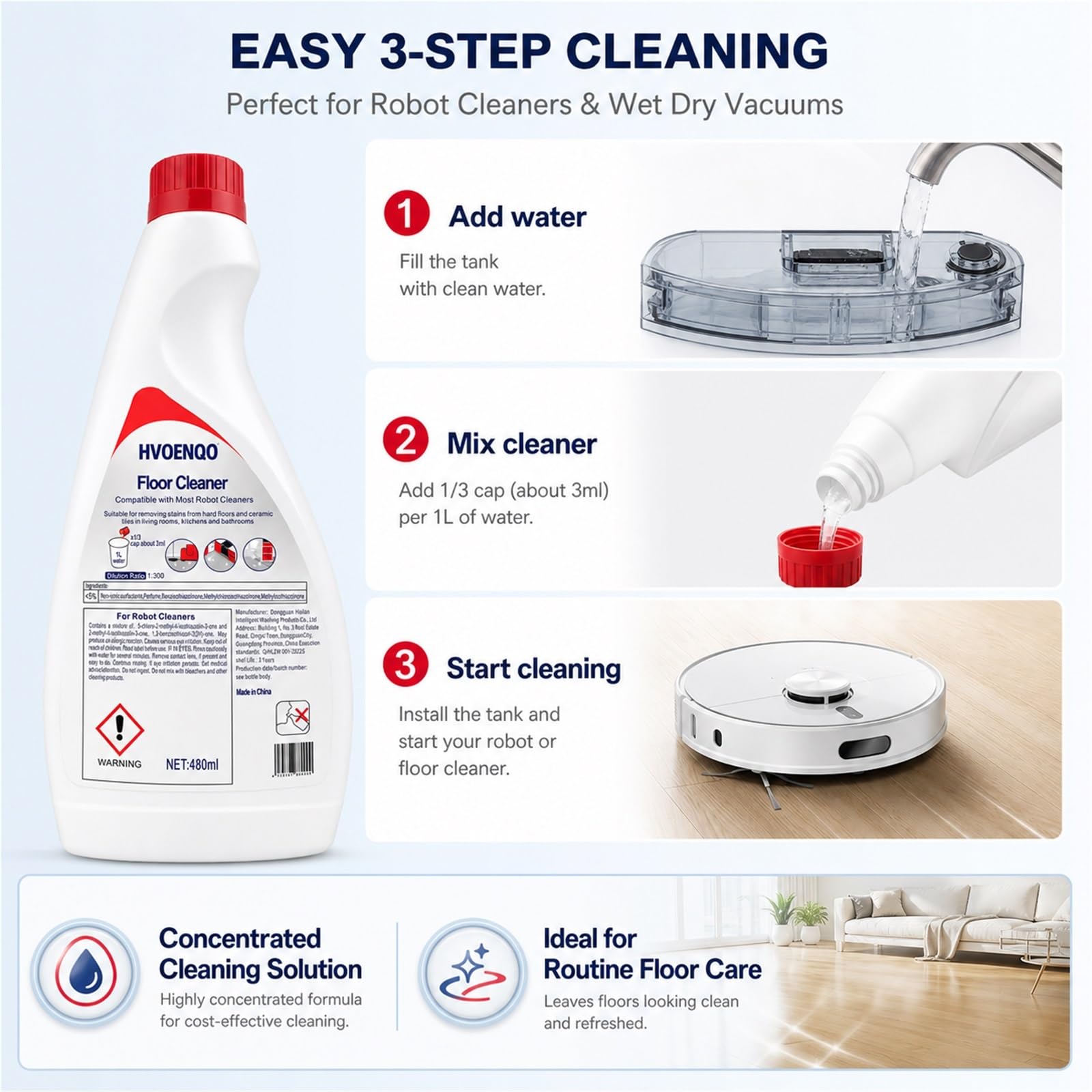 Líquido Limpiador for Pisos 480ml, Paquete De 4 Botella | Concentrado a Base de Plantas, Compatible con Roomba, con Función de Limpieza en Húmedo/Seco for Robot Aspirador
