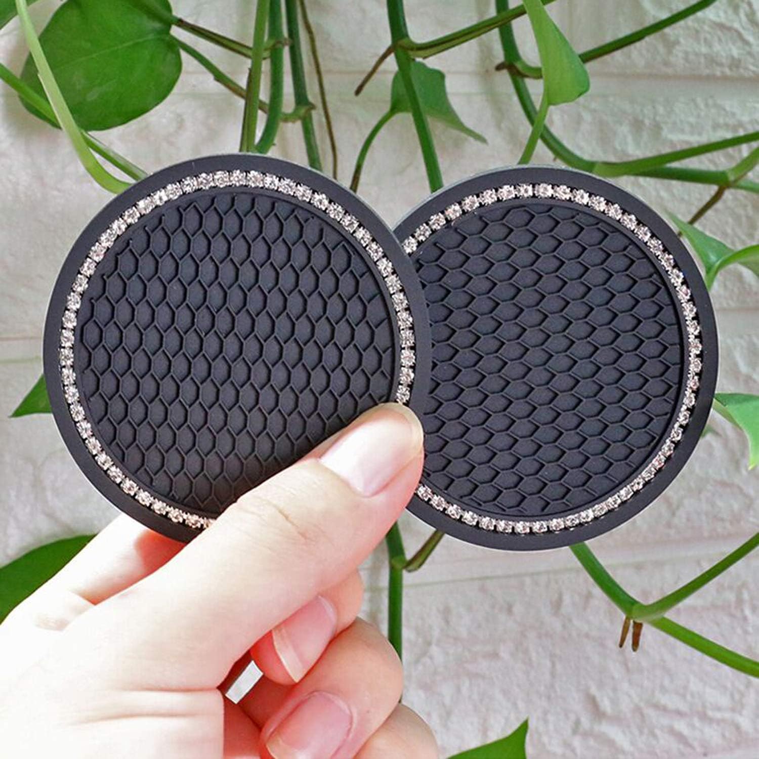 WedFeir Vehicles Bling Cup Insert Coasters, 2.75 inch Silicone Anti Slip Auto Crystal Rhinestone Car Coaster Car Interior Accessories, Crystal Cup Pad Mat Leaking-Proof Car Accessories. (Silver)