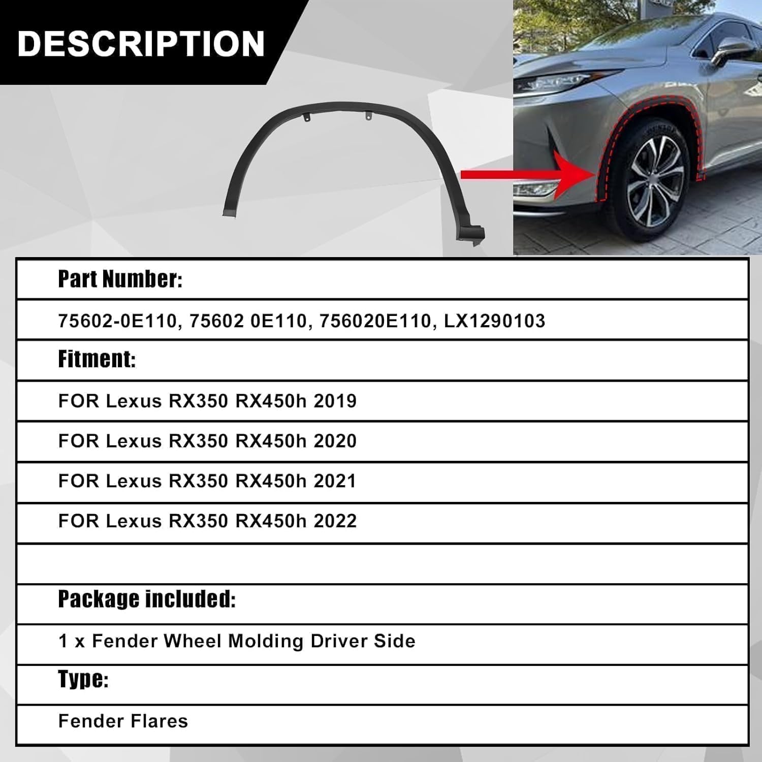 SecosAutoparts Front Left Fender Flare Wheel Opening Molding Side Compatible with Lexus RX350 RX450h 2019 2020 2021 2022 Replace# 756020E110, 75602-0E110