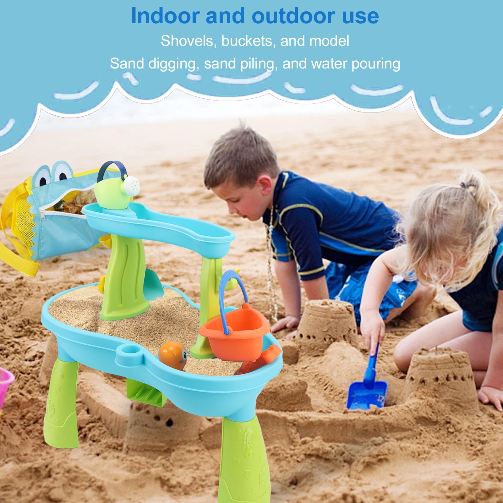 Jiawu Sandtisch, Geräumiger Sandspielbereich aus Lebensmittelechtem Kunststoff, Sandtisch-Set für Drinnen und Draußen, mit 19-teiligem Zubehör für Familien, Kindergarten, Eltern-Kind-Spiel