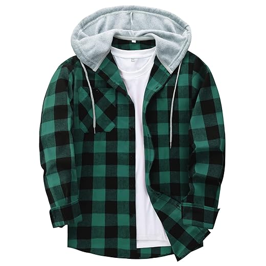 ZITY Men's Flannel Hoodie Shirts Casual Button Down Plaid Shirt Jackets for Men Long Sleeve Stylish Hooded with Pocket