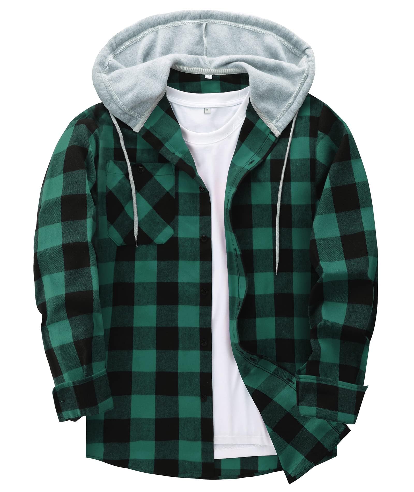 ZITY Men's Flannel Hoodie Shirts Casual Button Down Plaid Shirt Jackets for Men Long Sleeve Stylish Hooded with Pocket XX-Large Black Green