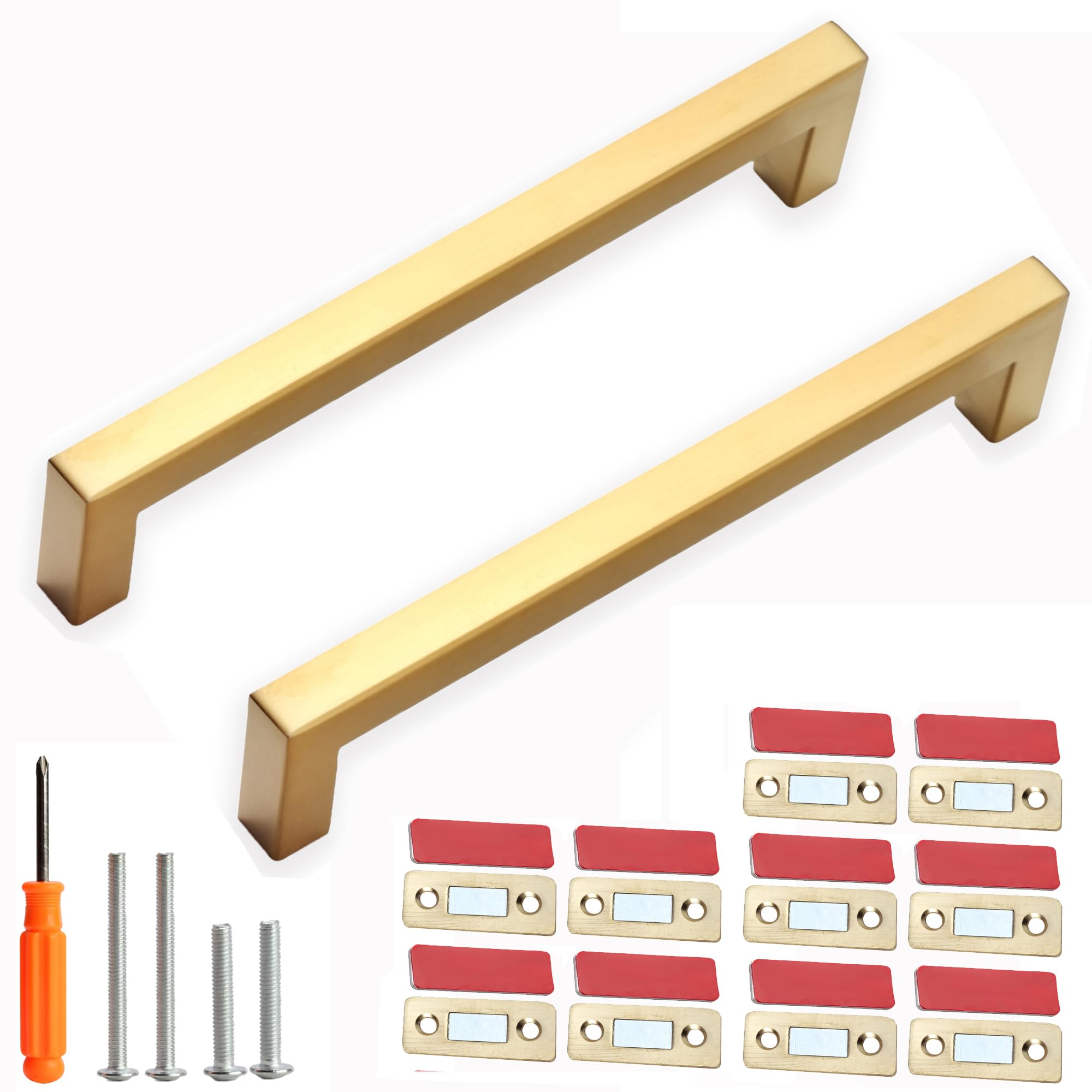 Cabinet Pulls Gold Cabinet Handles 10 Pack 6-1/4 Inch Square Drawer Pulls and 10 Pack Cabinet Magnetic Catch, Stainless Steel Kitchen Door Cupboard Cabinet Handles, 160mm Hole Centers
