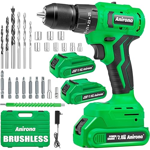 ANIRONA 20V Brushless Cordless Power Drill, 25+3 Hammer Drill Driver with 2x2.0Ah Batteries and Charger,450 In-lbs Torque, 3/8” Metal Keyless Chuck, 2-Variable Speeds,25 Bit Set with Case for Concrete