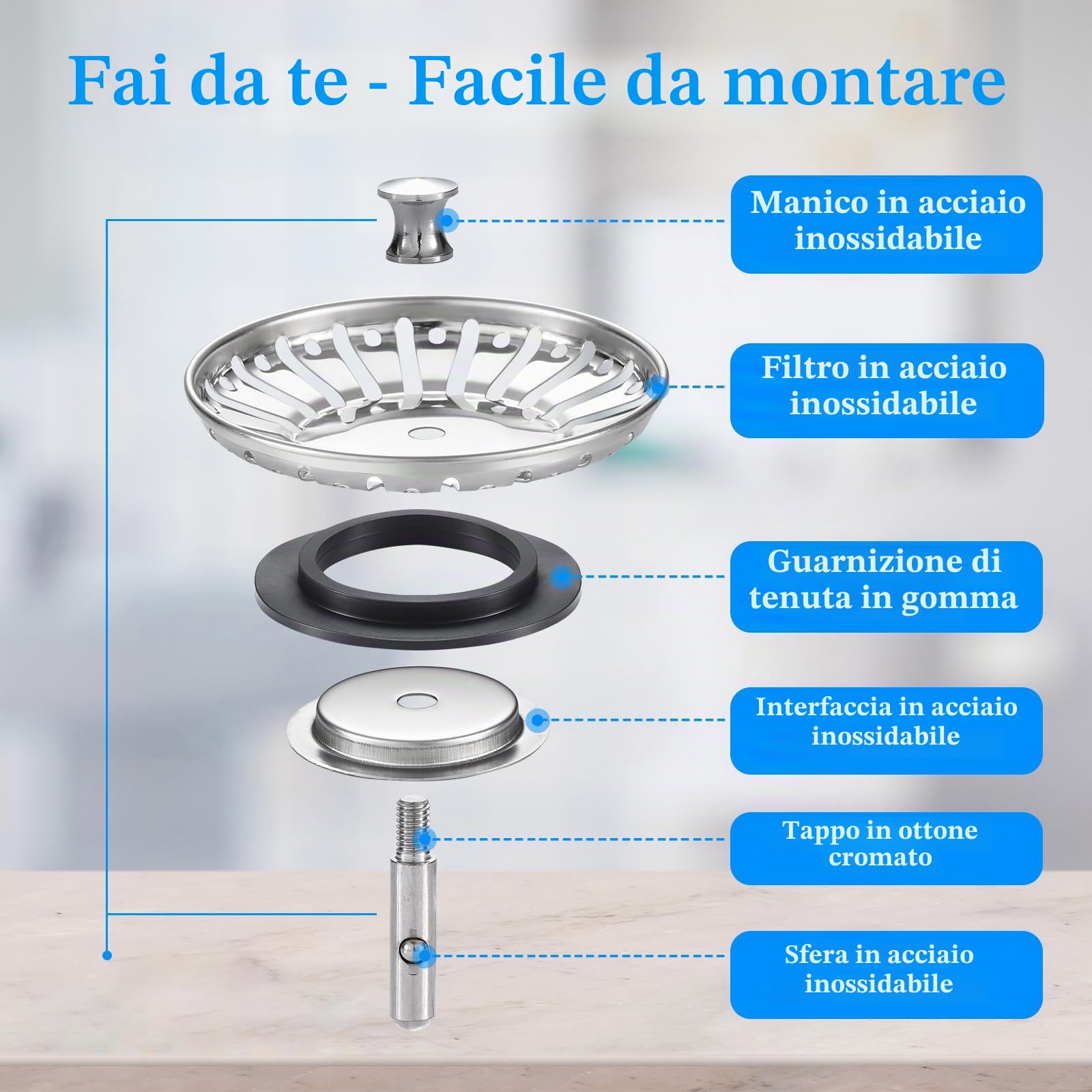 Cucina 84mm Lavello Spina Filtro Acciaio, Tappo lavello cucina, Filtro per Lavello in Acciaio Inossidabile con filtro funzione, per Cibo/Hair Catch(Lavelli Diametro Foro 84-85mm)
