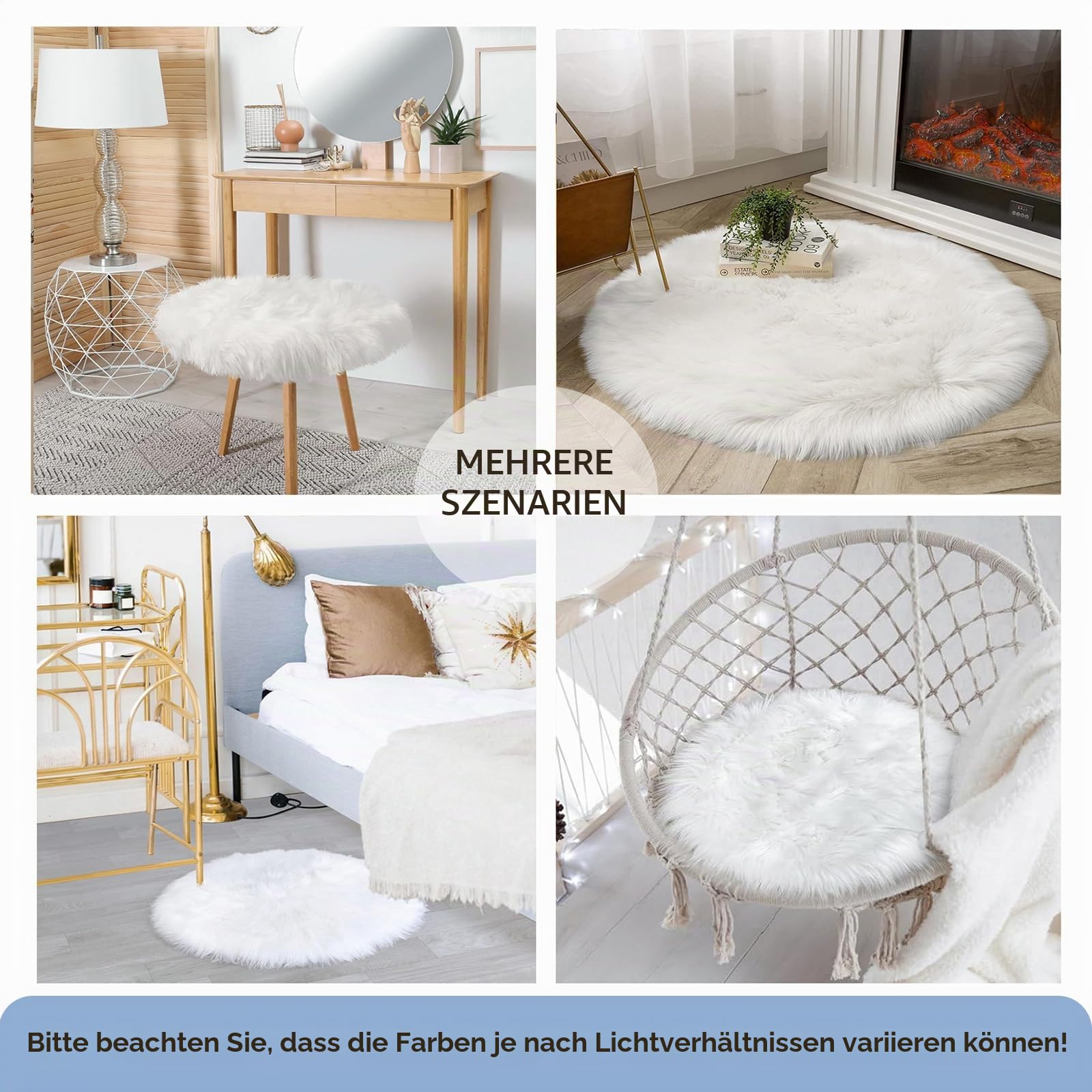 120cm Runder Teppich Weiß Flauschig Teppich für Schlafzimmer