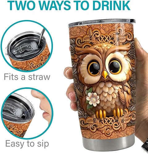 Miniatura 6 de SANDJEST Vaso personalizado de dibujos de madera de búho, vasos aislados de 20 onzas y 30 onzas con tapa, taza de viaje para café, taza para