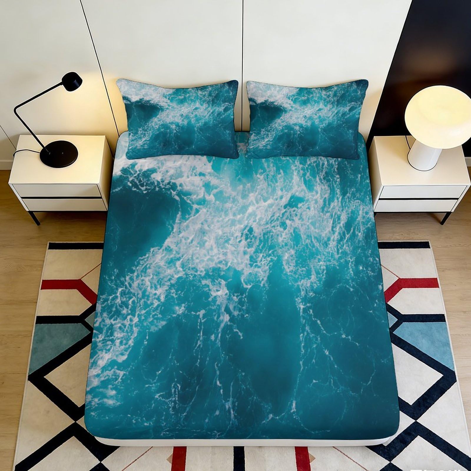3D Printed Ocean Wave Fitted Sheet Microfiber Deep Pocket for Adults Bedroom Ocean Mattress Fitted Cover Non-Slip Full Wrap Washable 200x200x25cm