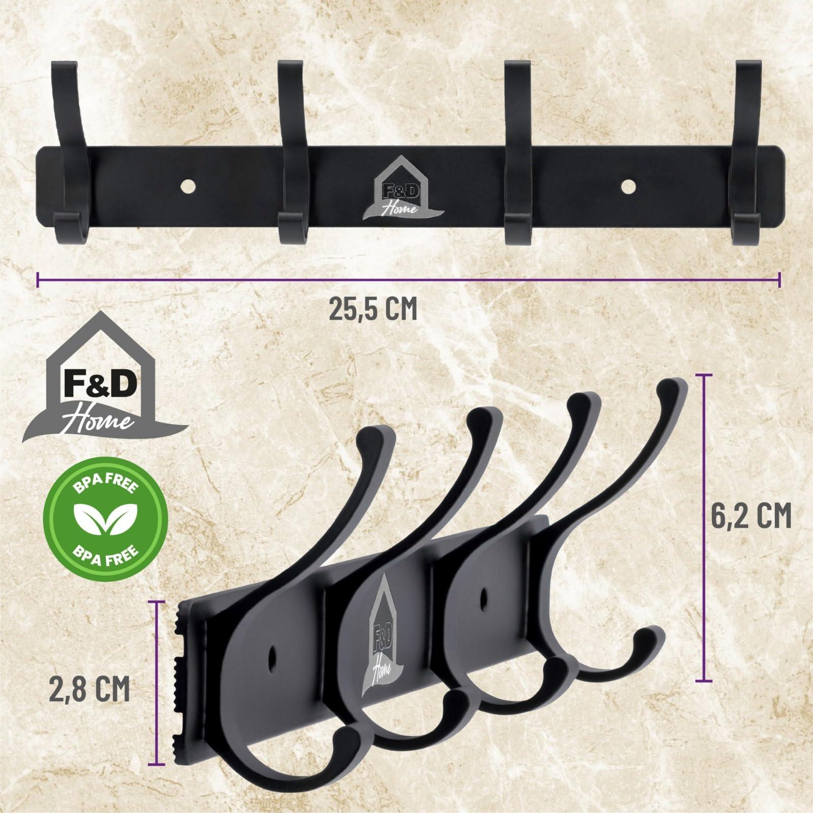 F&D Home - Appendiabiti da Parete con 4 Ganci e 2 Viti Facile da Montare – Attaccapanni da Muro Moderno in Lega di Alluminio – Porta Asciugamani Bagno, Appendigiacche Ingresso,Appendi Strofinacci
