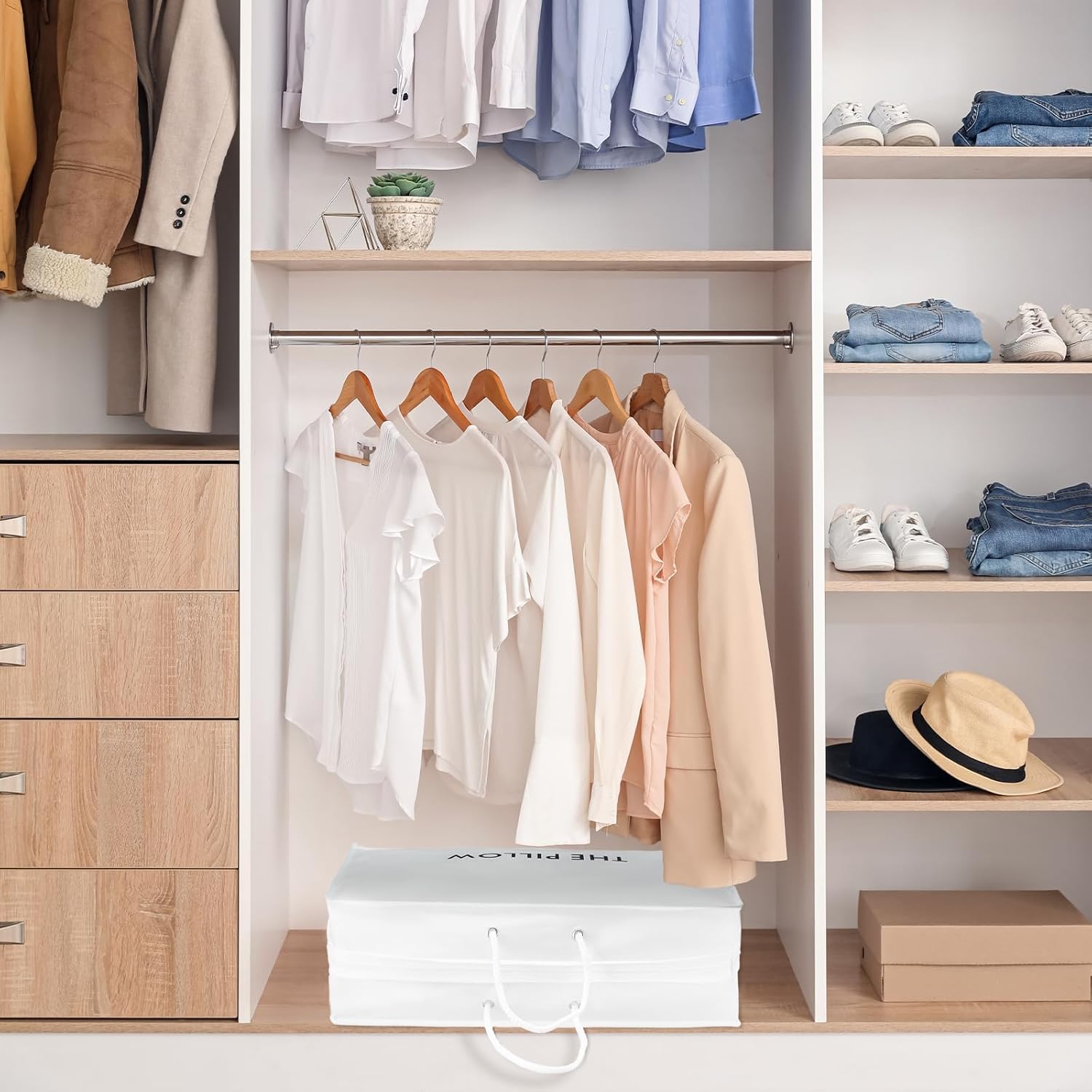 Pillow Tote Bag for Travel 20 x 12 x 6 Inches Pillow Storage Bag Handbag Non Woven Portable Home Organizer Travel Organizer with Zippers and Handles for Comforters Pillows - Image 5