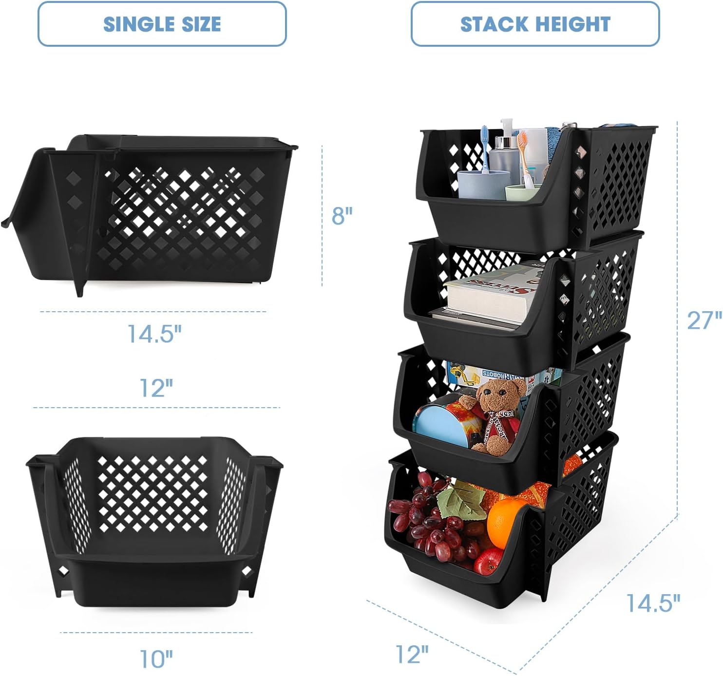 Titan Mall Plastic Stackable Storage Bins 4 Pack, Stacking Bins Open Front for Kicthen, Garage and Bathroom, Pantry Organizer and Storage Basket Black for Fruit, Vegetable, Snack(Made In USA)