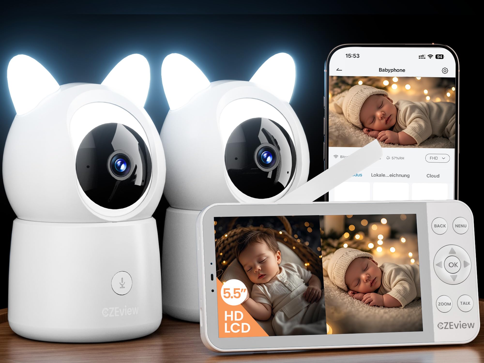 CZEview 5,5" 2K Baby Monitor Video e Audio, Luce Notturna & Musica, Telecamera Bambini, Controllo Tramite APP Mobile & Monitor, Rilevamento di Grida/Movimento (Baby monitor con 2 telecamere)