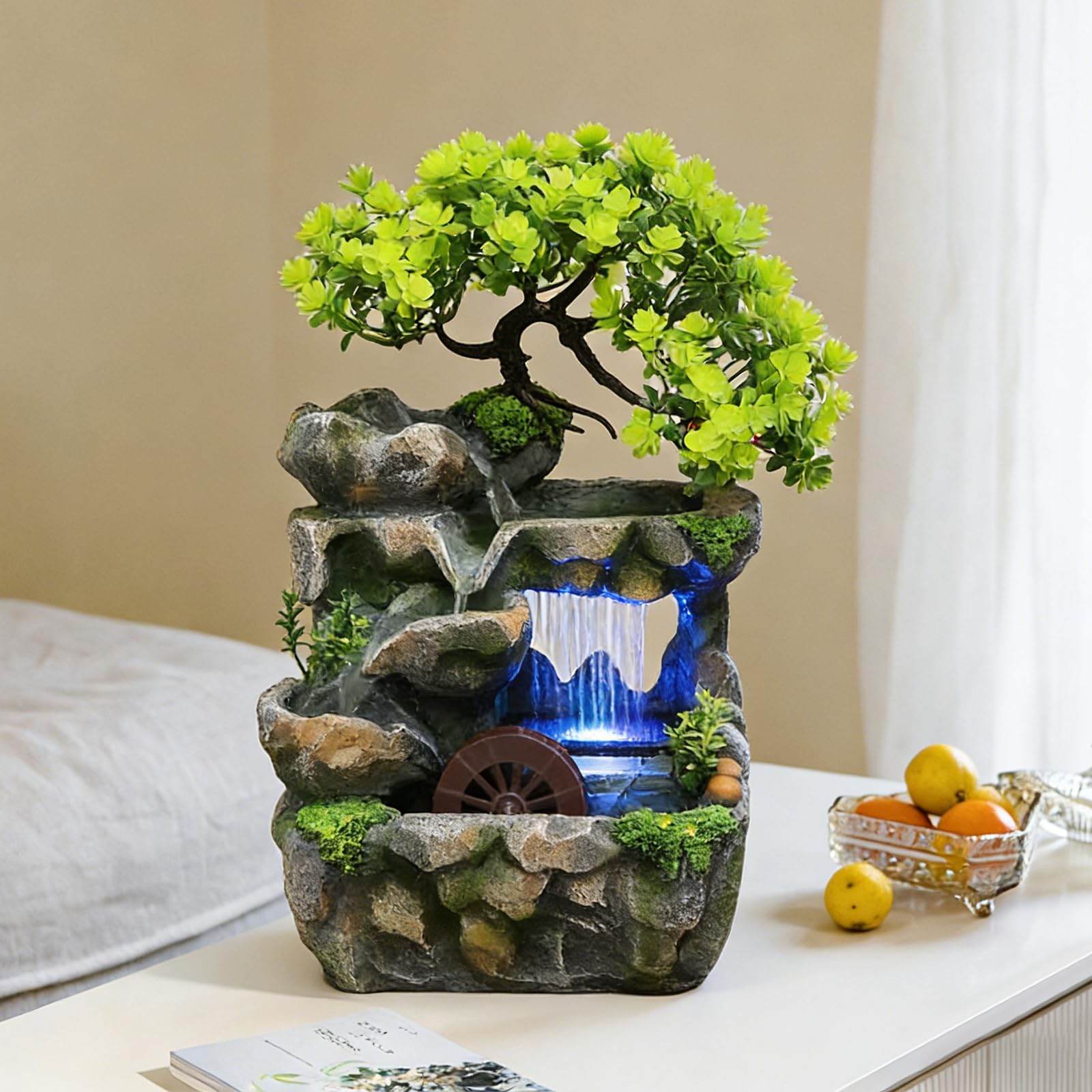 Tisch Zimmerbrunnen Wasserfall, Tischbrunnen mit Wasserrad und LED-Beleuchtung, Zimmer Pflanze Brunnen, Deko Tisch Springbrunnen für Wohnzimmer, Büro und Schlafzimmer (30x18x15cm)