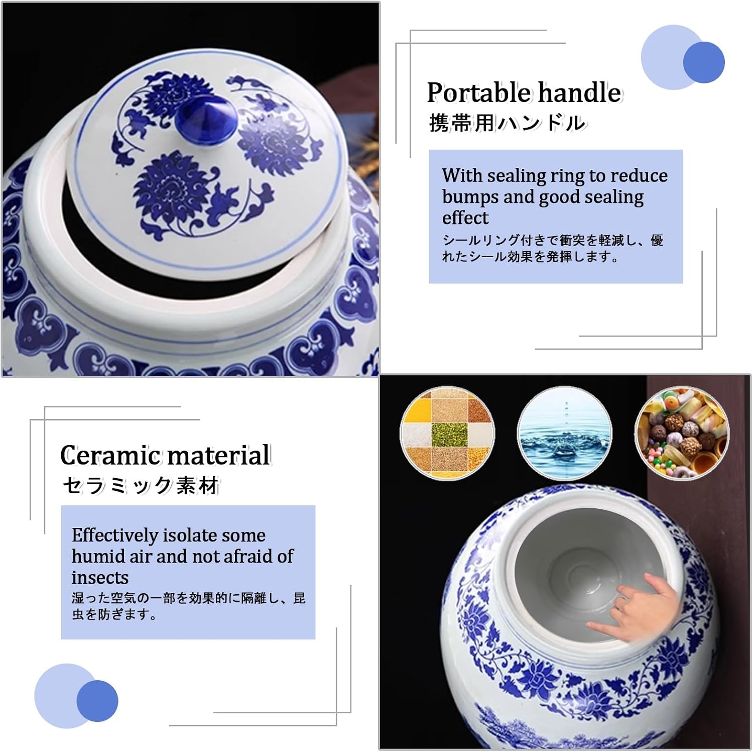 Ceramic Rice Storage Container 10KG/15KG/25KG/50KG Food Storage Containers Ceramic Grain Storage Bin Classic Rice Container Household Rice Storage Box with Lid for Flour,Rice,Nuts,Snacks