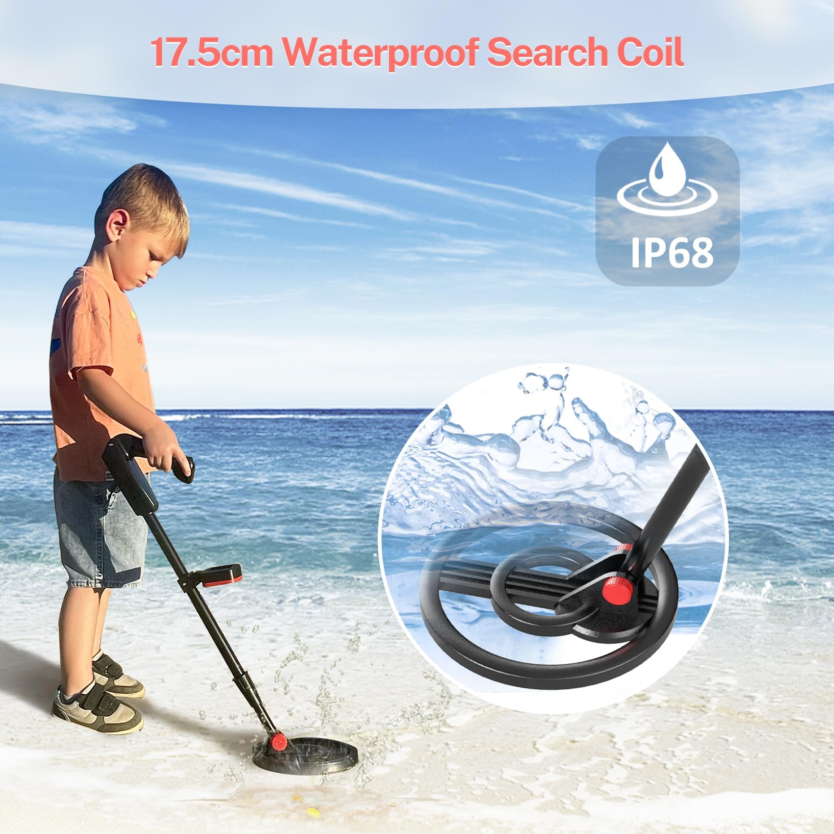 DR.ÖTEK Metal detector per bambini, rilevatore di metallo impermeabile per bambini con display LCD, stelo regolabile, pala e setaccio e grande borsa per il trasporto, per età 3-10 anni