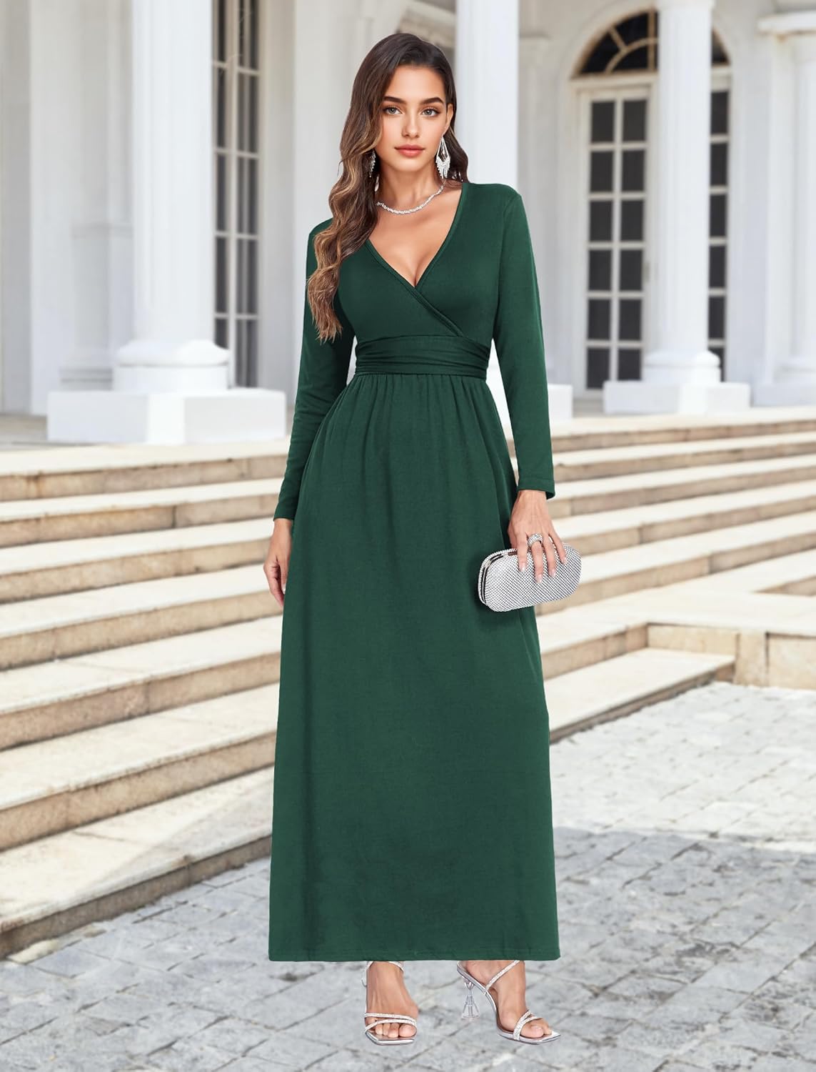 Lacavocor Women's Long Sleeve Deep V Neck Maxi Dress Casual Wrap Waist Long Dress with Pockets - Image 3