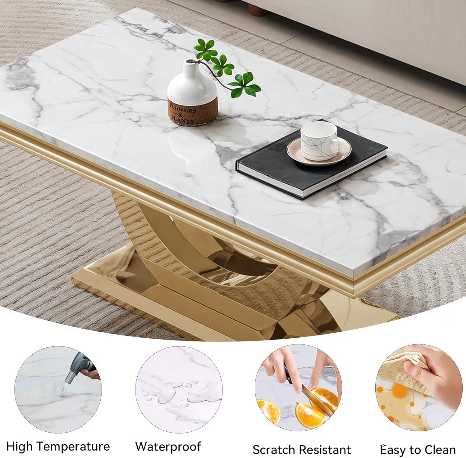 3 Pieces Faux Marble Coffee Table Set, White Gold Coffee Table with 1 Console Table and 2 Square End Side Tables,Modern Living Room Table Set with Double U-Shape Stainless Steel Frame for Apartment
