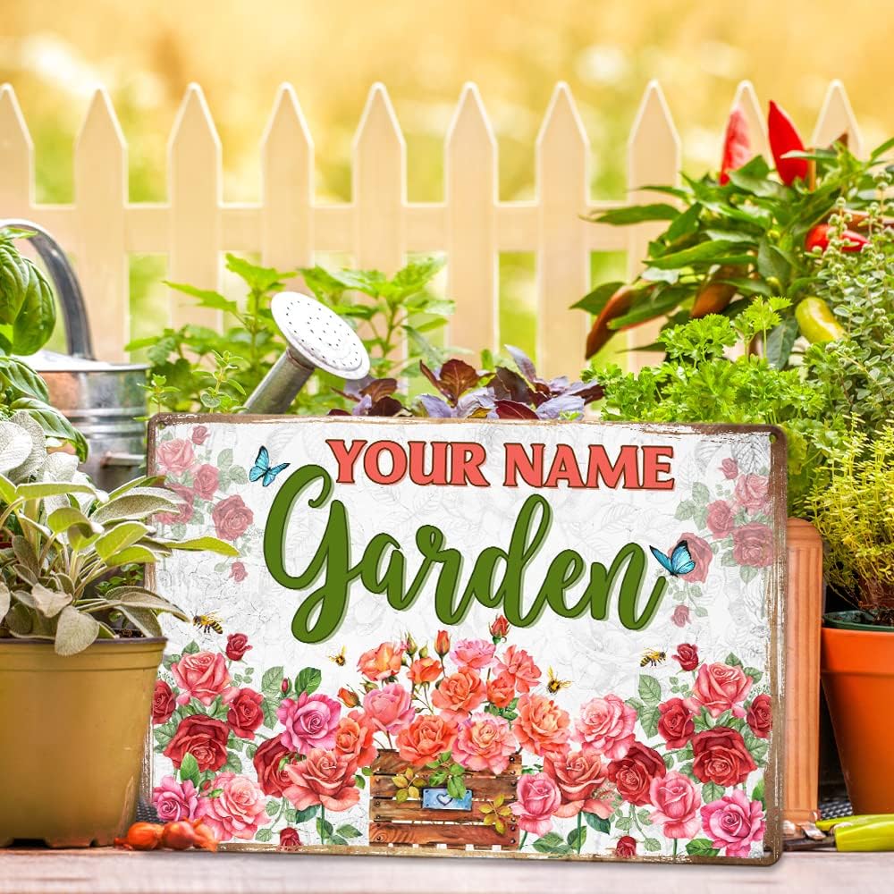 MeMate Rose Garden Signs Metal, Garden Sign Personalize, Custom Name Metal Garden Signs Outdoor Decor, Flowers Garden Plaque for Women Mom Grandma, Rustic Decorations for Potting Shed, She Shed