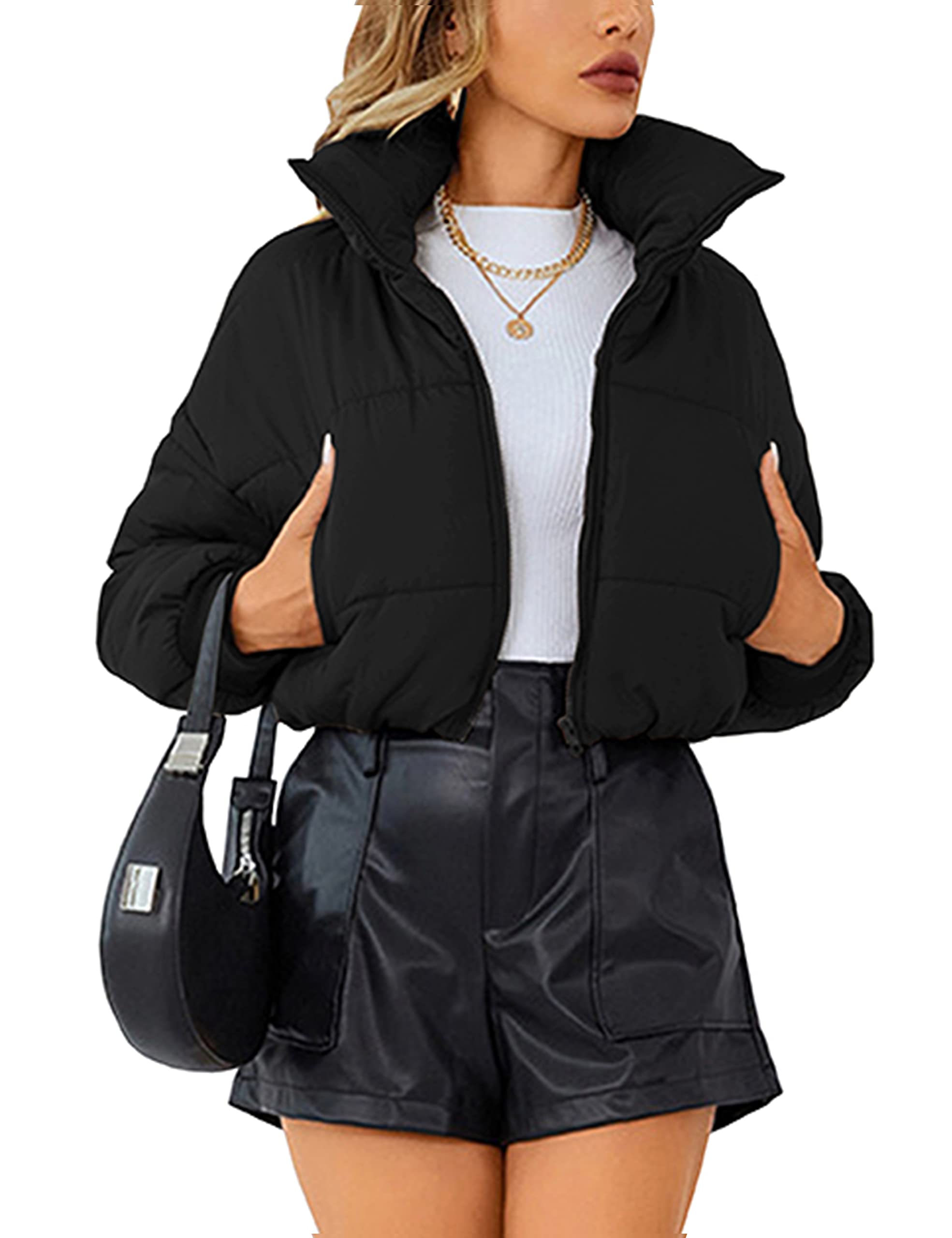 Lumister Womens Lightweight Quilted Jacket Long Sleeve Stand Collar Zipper Cropped Puffer Jacket Coat