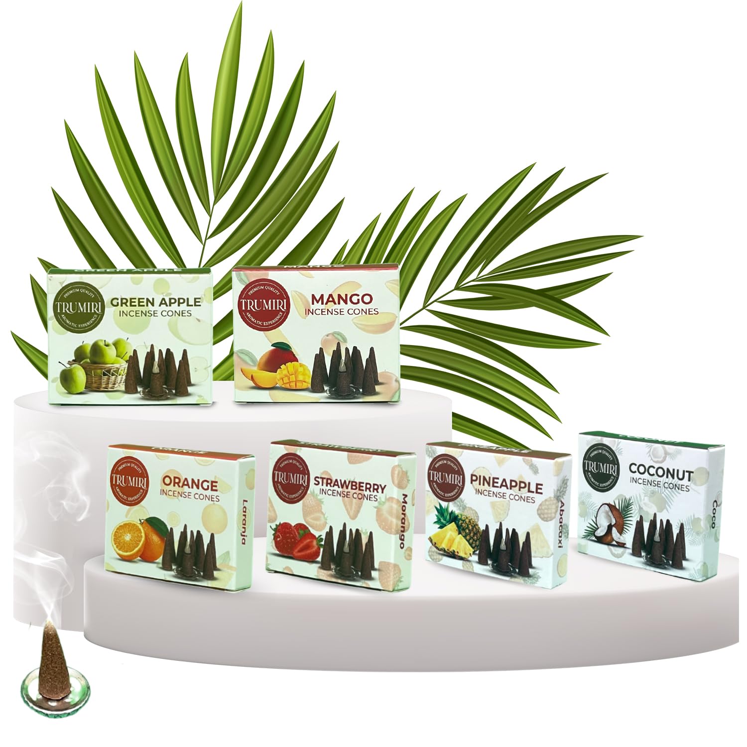 Trumiri Coni di incenso fruttati – Confezione assortita – Totale 60 coni di incenso (6 profumi x 10 coni – fragola, cocco, ananas, mela, mango, arancia) – coni di incenso – coni di incenso – coni di