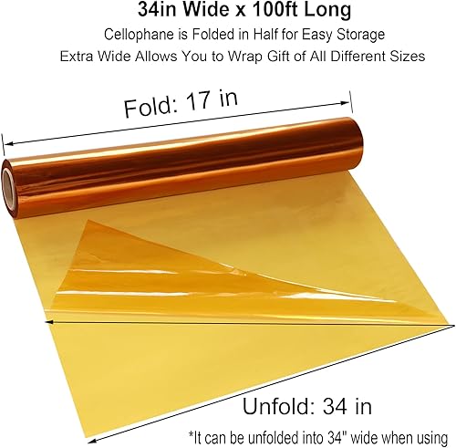 Miniatura 2 de SYOGUA Rollo de celofán dorado de 34 pulgadas x 100 pies, rollo de celofán dorado transparente, papel de celofán de Halloween, plástico de envoltura