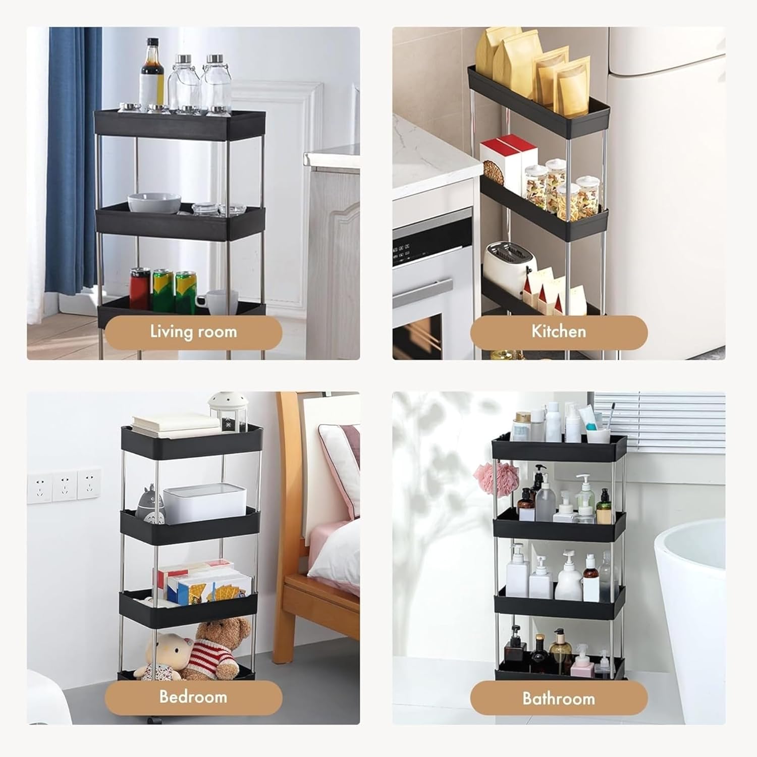 Compact Rolling Cart with 4 Adjustable Shelves - Ideal for Small Spaces and Humid Areas