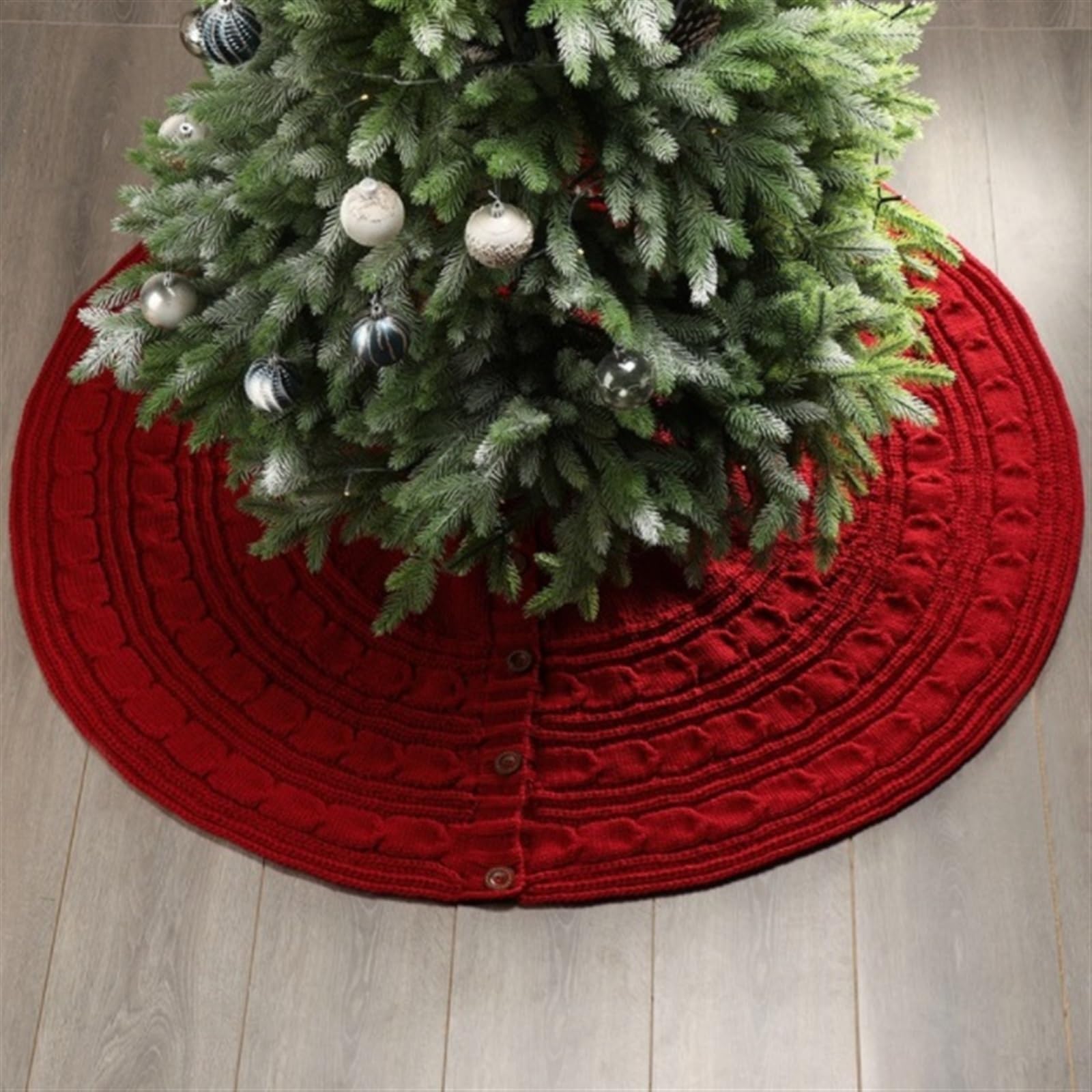 Tapis Sapin de Noel Jupe d'arbre De Noël Tricotée De 48 Pouces, Ronde avec Boutons Épais, Décorations De Fête Rétro pour La Maison Vacances Rustiques Tapis(Rot)