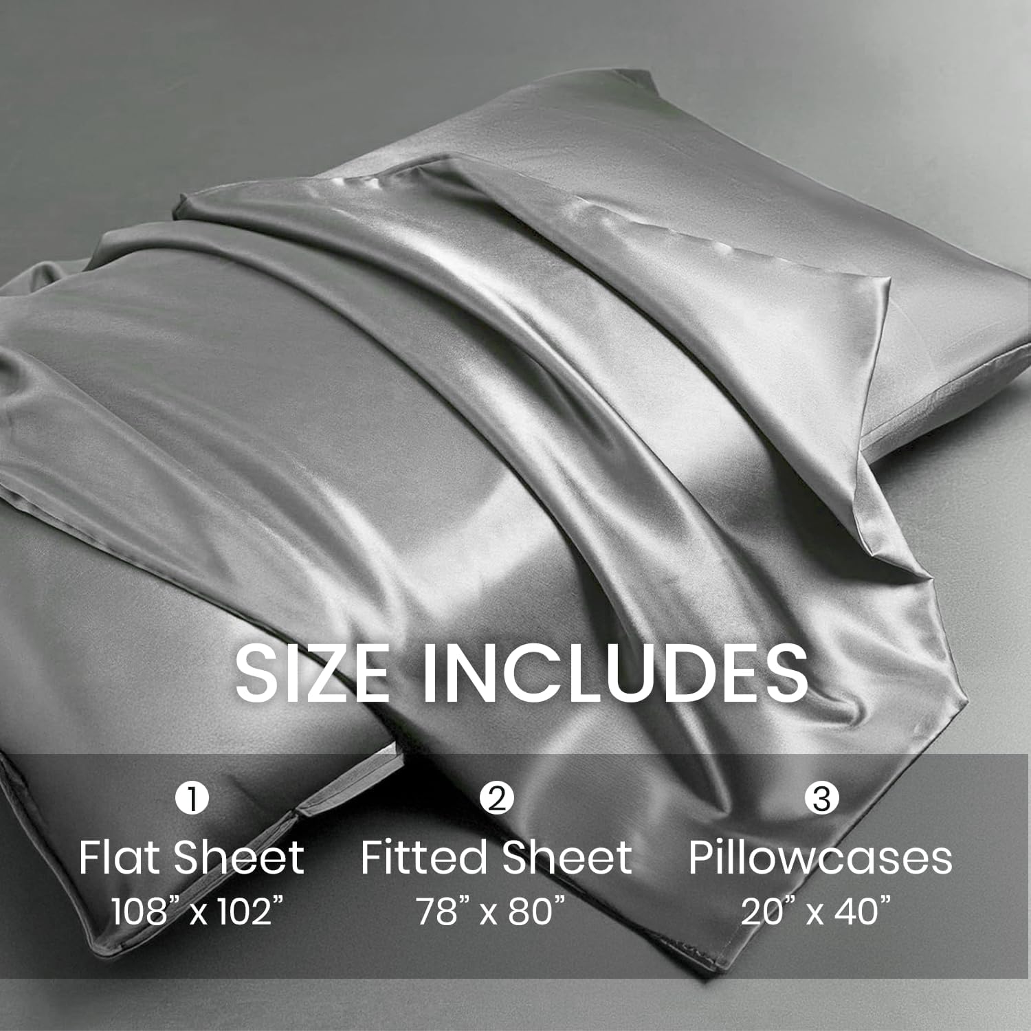 4 Pcs King Size Luxury Silky Soft Grey Satin Sheet Set,1 Premium Moisture Wicking Fitted Sheet Fits Up to 16 Inches Deep Pocket + 1 Flat Sheet + 2 Pillowcases（Grey, King）