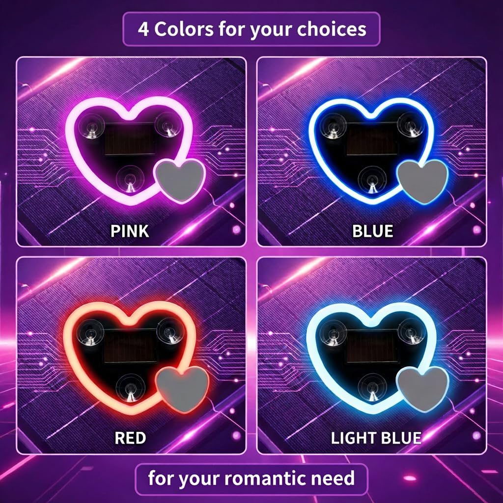 Solar-Powered Car Led Lights Interior, 2 Pcs Ambient Lighting Car Window Light, Double Heart-Shaped Pink Girl Car Accessories Neon Ambient Decoration with Suction Cup, Valentines Decor (Pink)