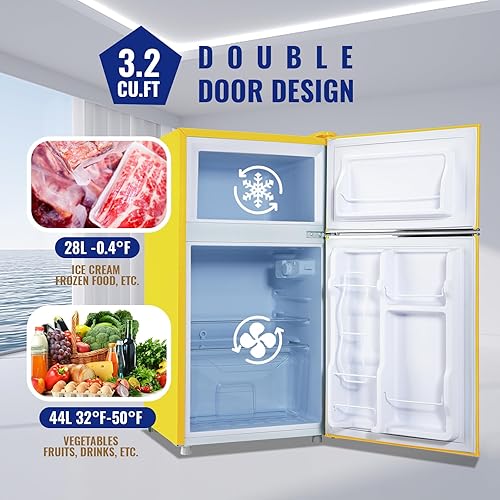 Miniatura 2 de WANAI Mini Refrigerador Compacto de 3.5 Pies Cúbicos Refrigerador Pequeño con Congelador, Mini Refrigerador Retro con Puerta Doble, Termostato de 7