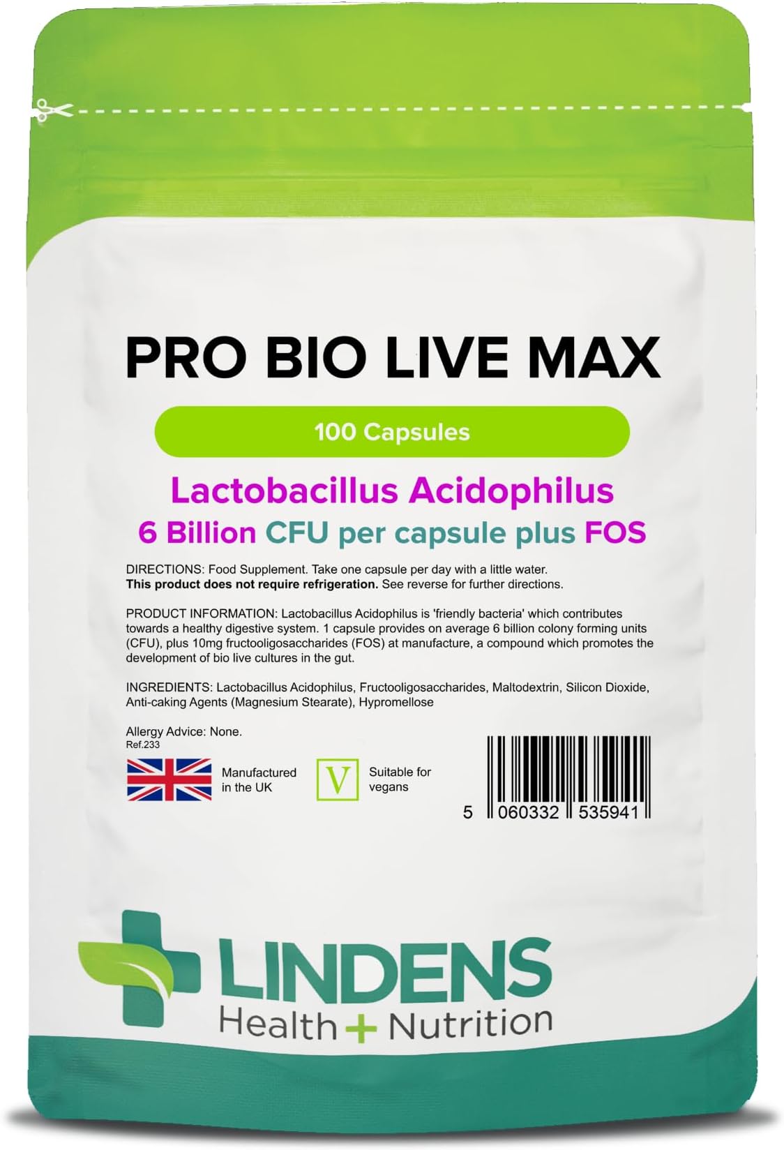 Pro Bio Live Max 6 Billion CFU Capsules - 100 Pack - UK Made - Contributes to a Healthy Gut and Supports Digestion - Probiotic Vegetarian Capsules - Letterbox Friendly, Vegan