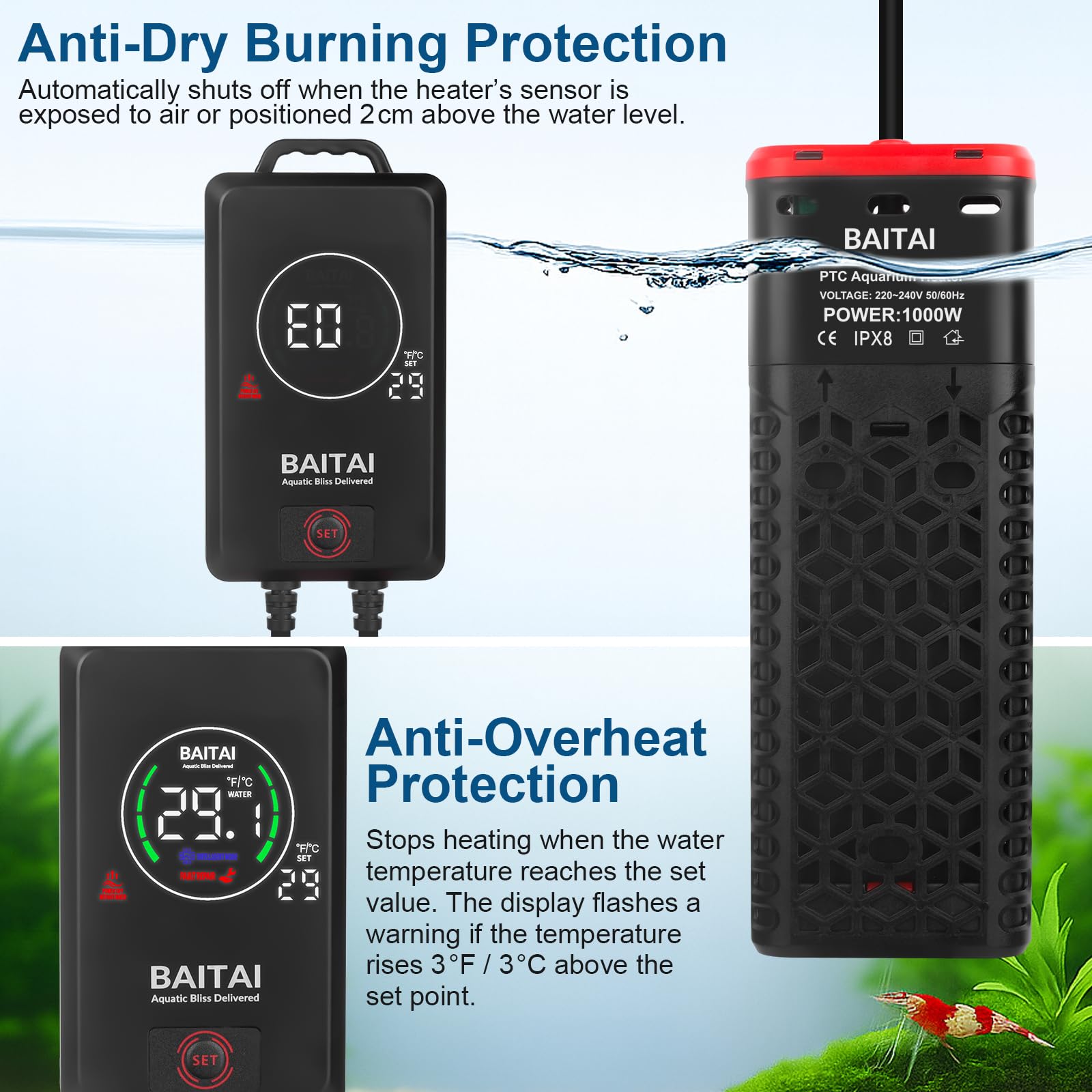 BAITAI 1000W Aquarium Heater, Industrial-Grade PTC Submersible Fish Tank Heater with LED Thermostat Controller - Image 2
