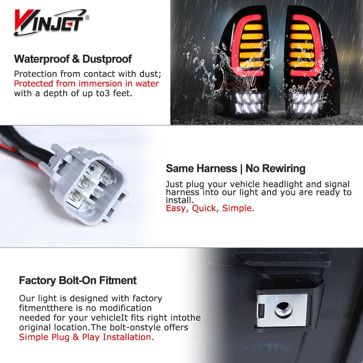 Winjet Full LED Tail Light Assembly Fit For 2005 2006 2007 2008 2009 2010 2011 2012 2013 2014 2015 Toyota Tacoma, Led Taillight Replacement with Yellow Turn Signal Light (Black Housing Clear Lens)