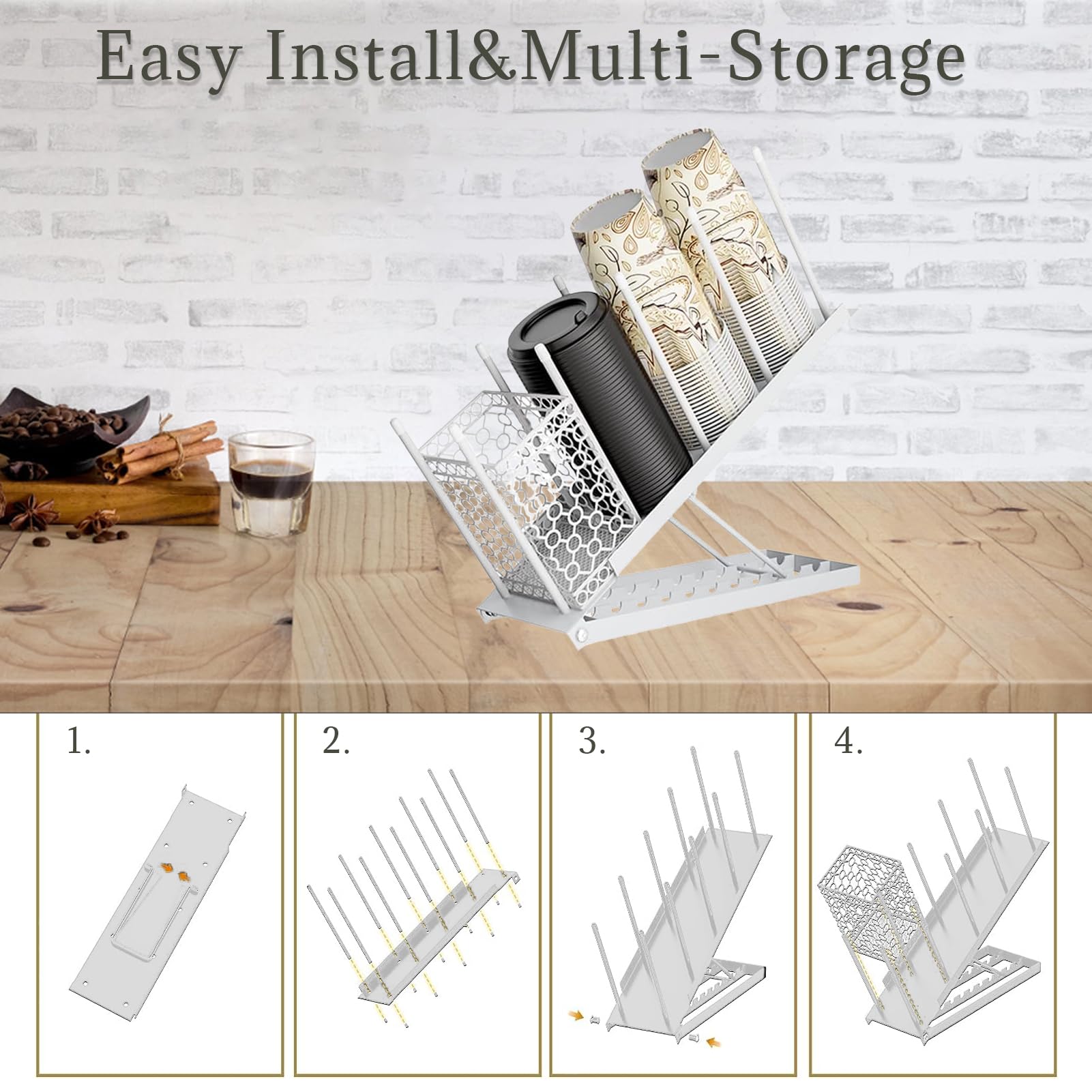 Tefola Soporte para tazas y tapa, dispensador de tazas de café desechables, soporte de almacenamiento para estación de café, bar, encimera de sala de descanso de metal (blanco)