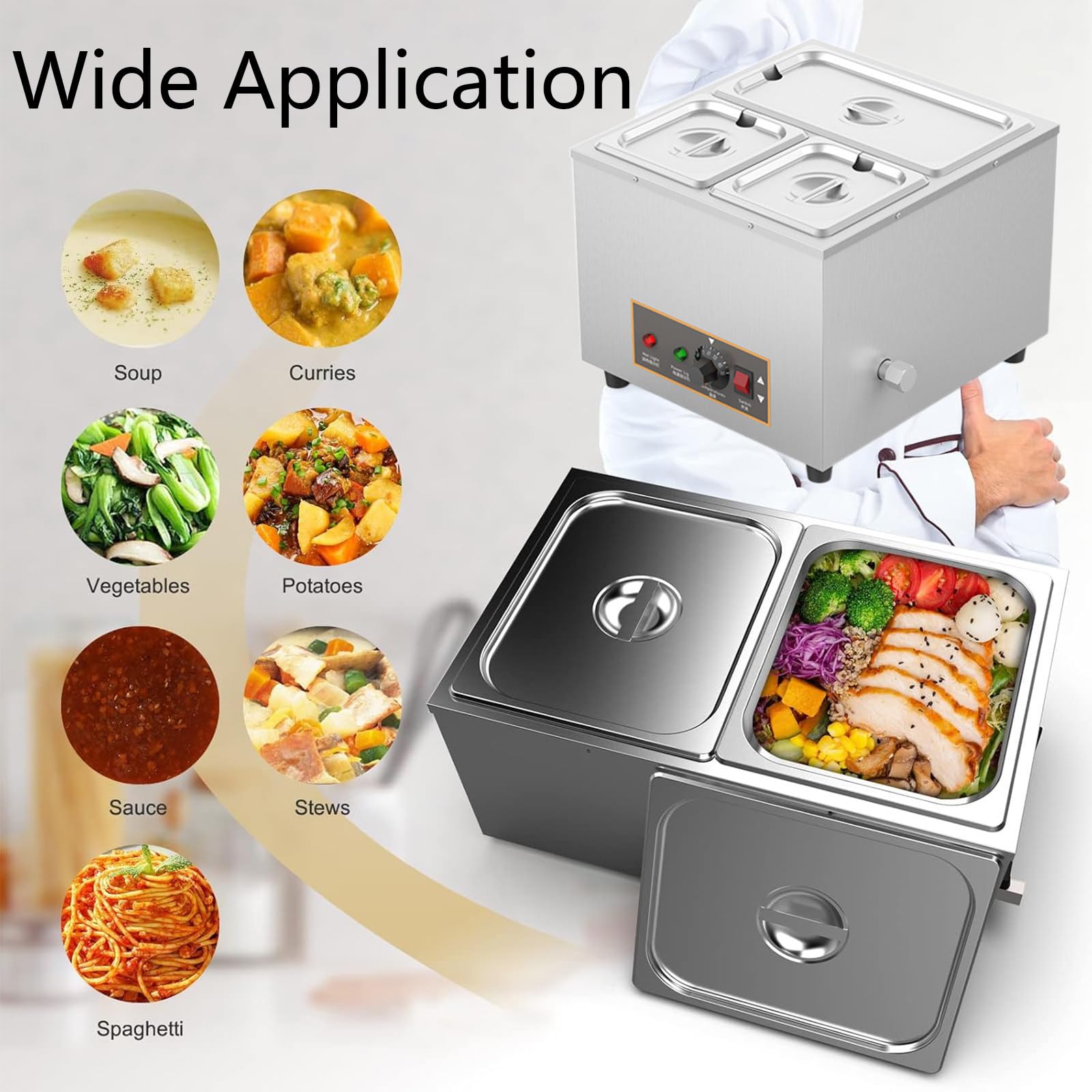 Calentador de Alimentos Comercial, Mesa de Vapor Eléctrica de 1000 W con Temperatura Ajustable, Equipo de Buffet Profesional de Acero Inoxidable, para Restaurante de Catering,C